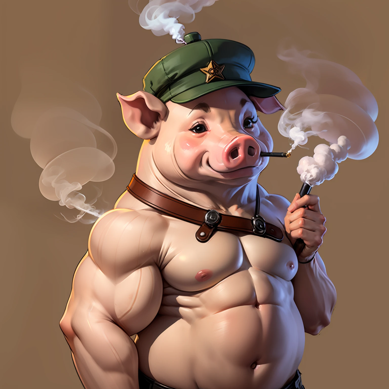 A pig smoking in a hat，solid，The body is slightly chubby