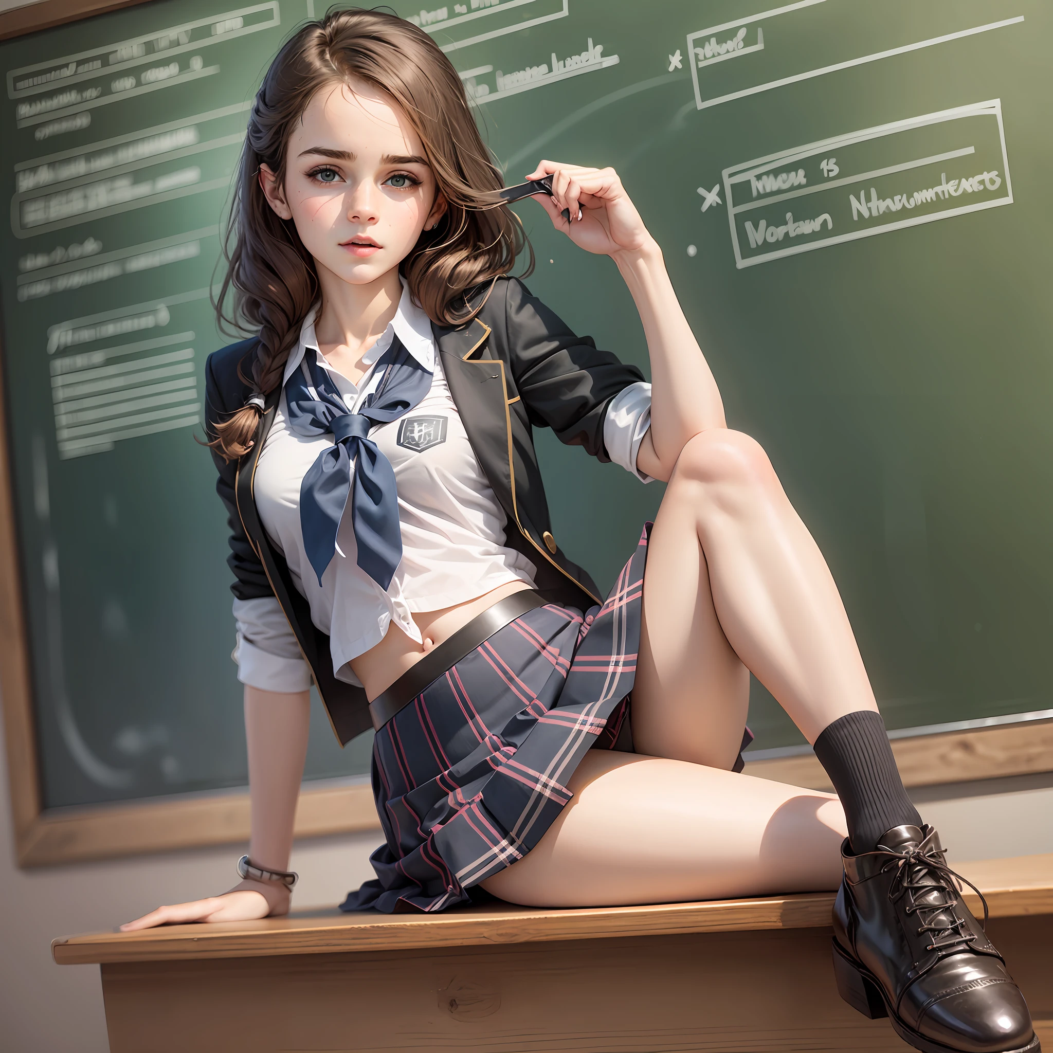 teen emma watson as a sexy schoolgirl sitting on a fence. tight intricate school uniform. slender body. classroom. day. background blackboard. pleated skirt.