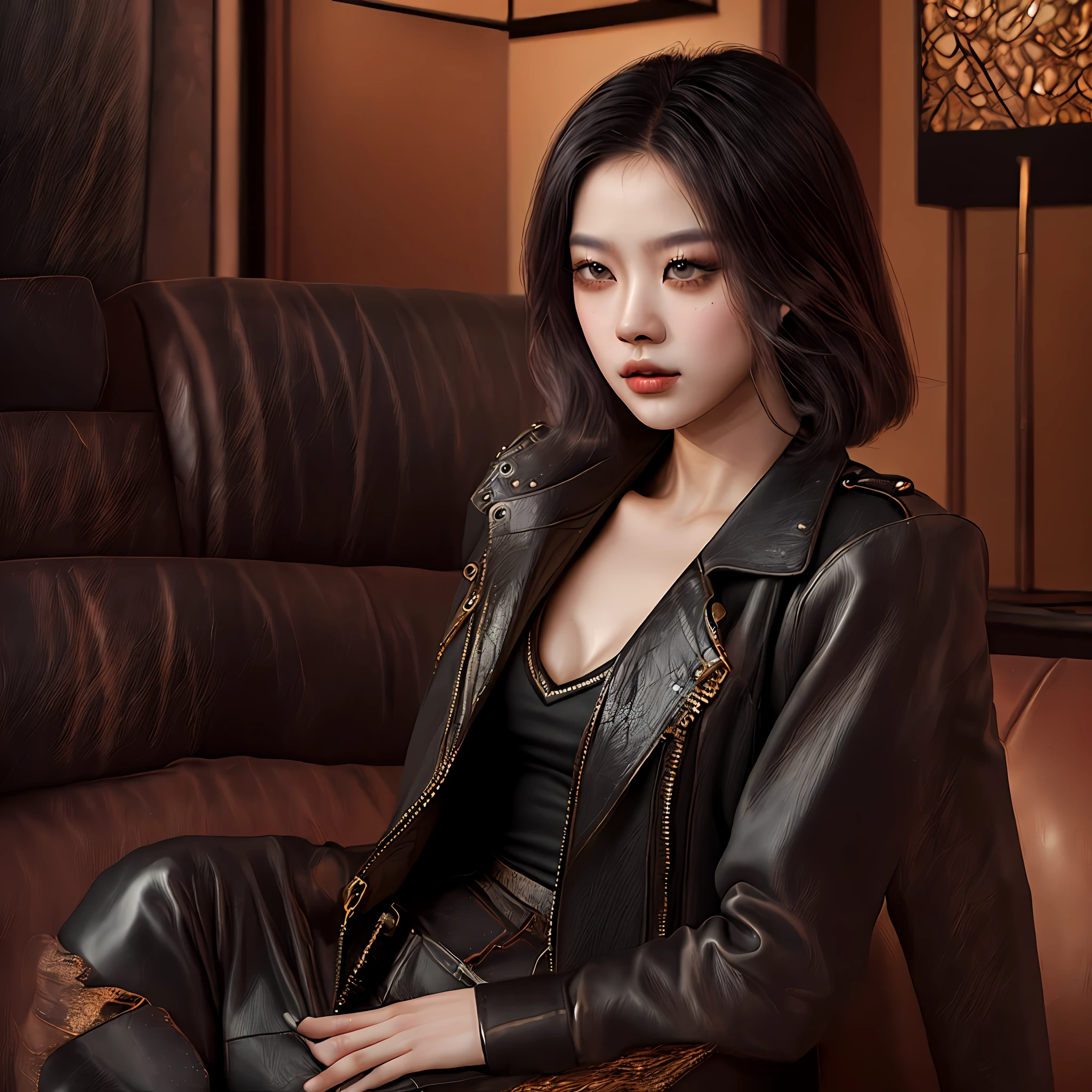 Black hair, Pink leather coat, leather pant, Perfect woman, Asian women, Enchanted, A leather sofa, underdressing, surrealism, Cinematic lighting, A picture, 8K, Super detail, hyper HD, Masterpiece, Anatomically correct, Textured skin, High details, Super detail --auto