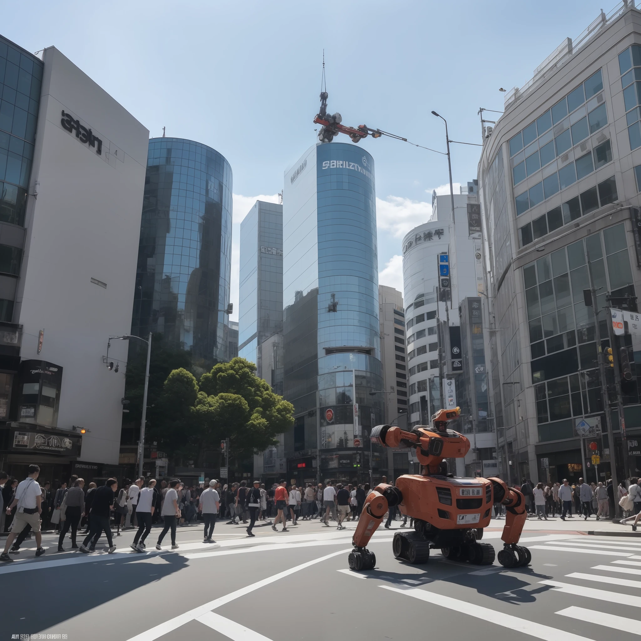 a photo hight quality in 8K A 46-foot-long robot stands in the middle of a scramble crossing in Shibuya The color of the robot is white, red, blue ten mens々Comes and goes from a looking up angle White clouds in blue sky