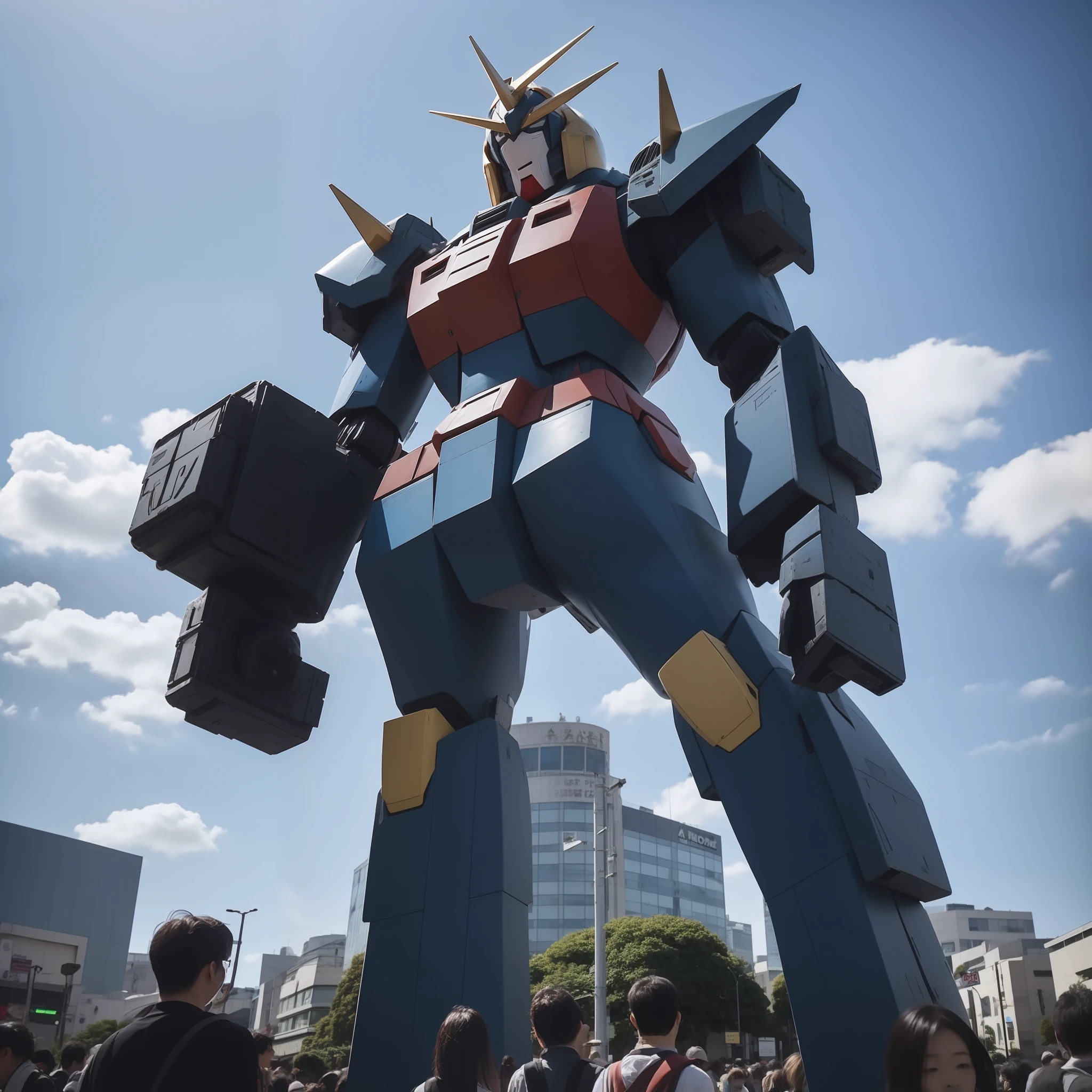 a photo hight quality 8K A 46-foot-long Gundam standing in the middle of a scramble crossing in Shibuya Humans come and go Looking up angle White clouds in blue sky