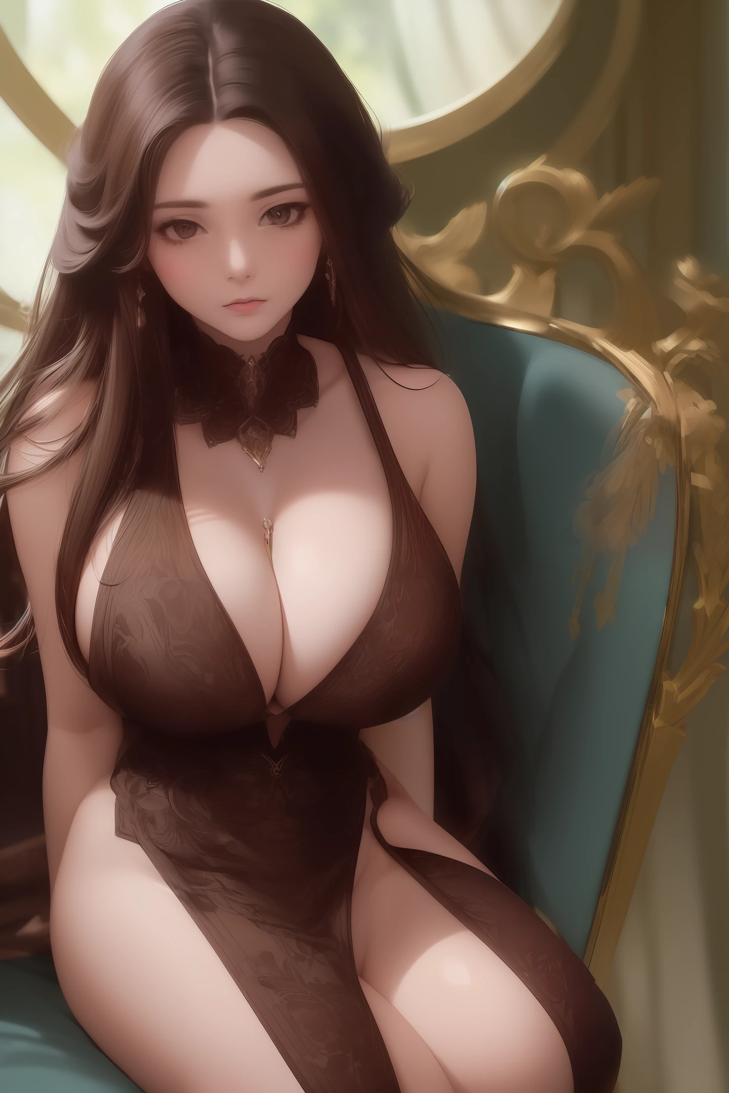 ((midynight, Need, 8k, tmasterpiece:1.3)), full bodyesbian, Long legs, Focalors:1.2, perfect figure beautiful woman:1.4, Slim abs:1.1, ((Dark brown hair, huge tit:1.2 )), blacksilk