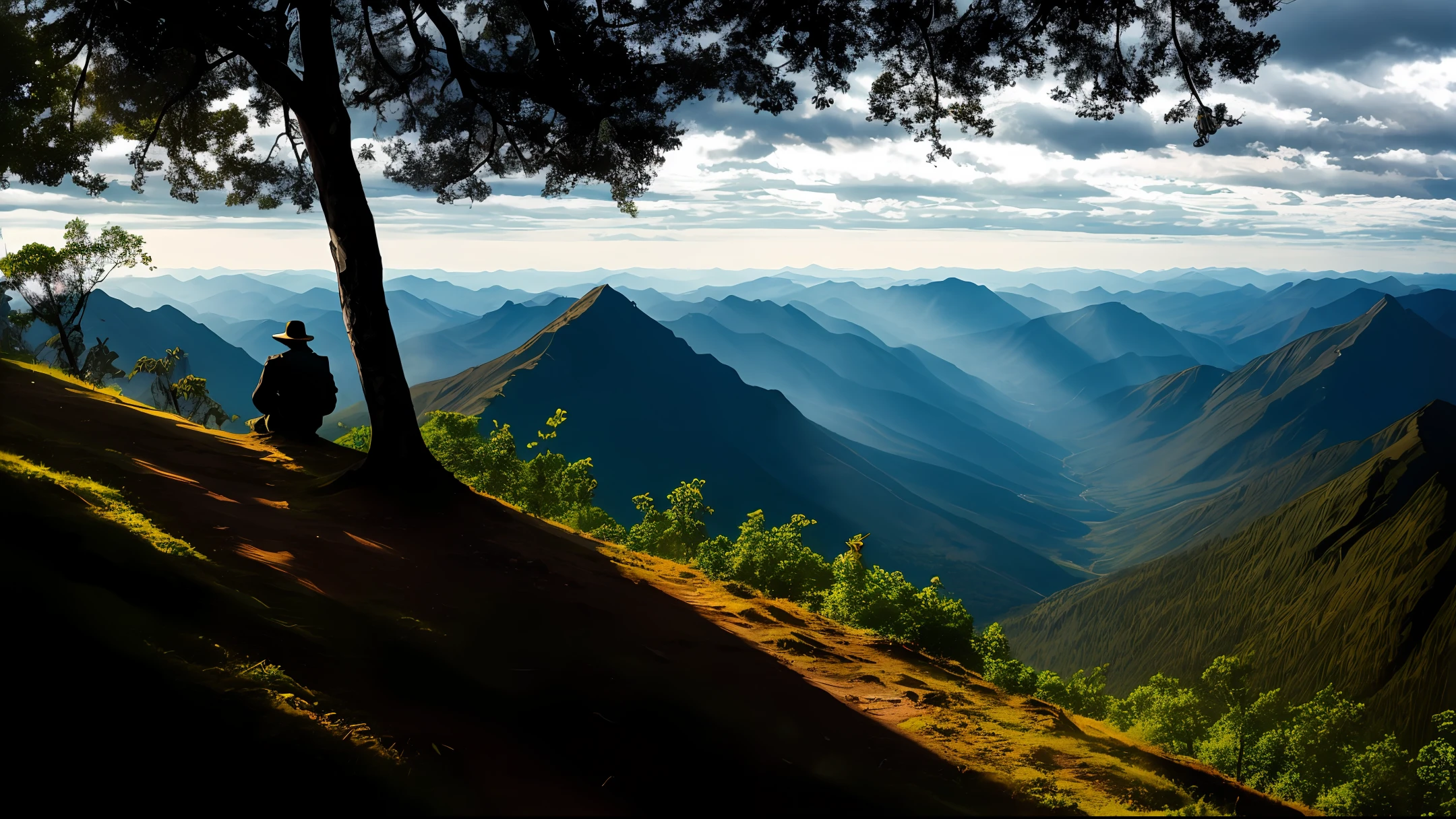 High on the mountain Under a single tree stands a man overlooking the dim weather below