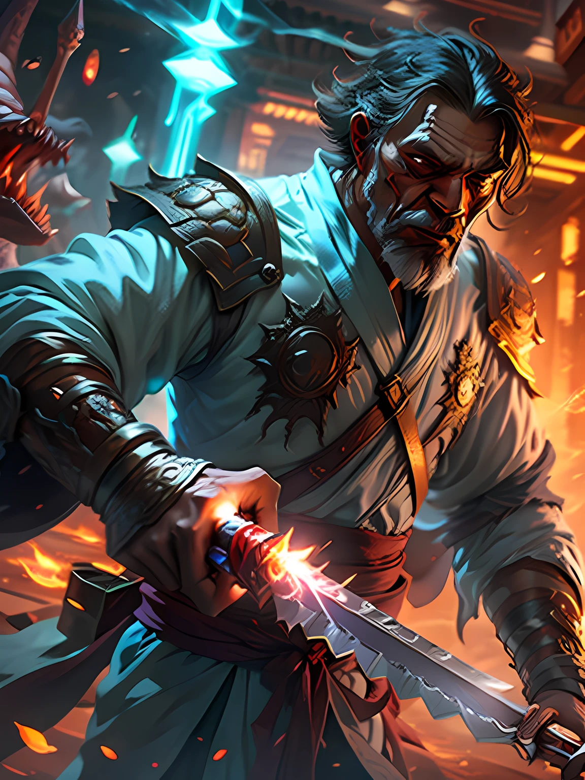 The man held a long knife and rushed towards countless monsters