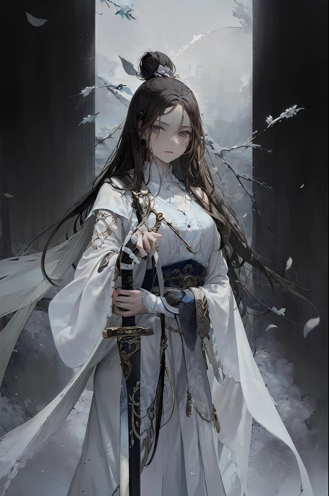 girls,long white hair,Sword in hand