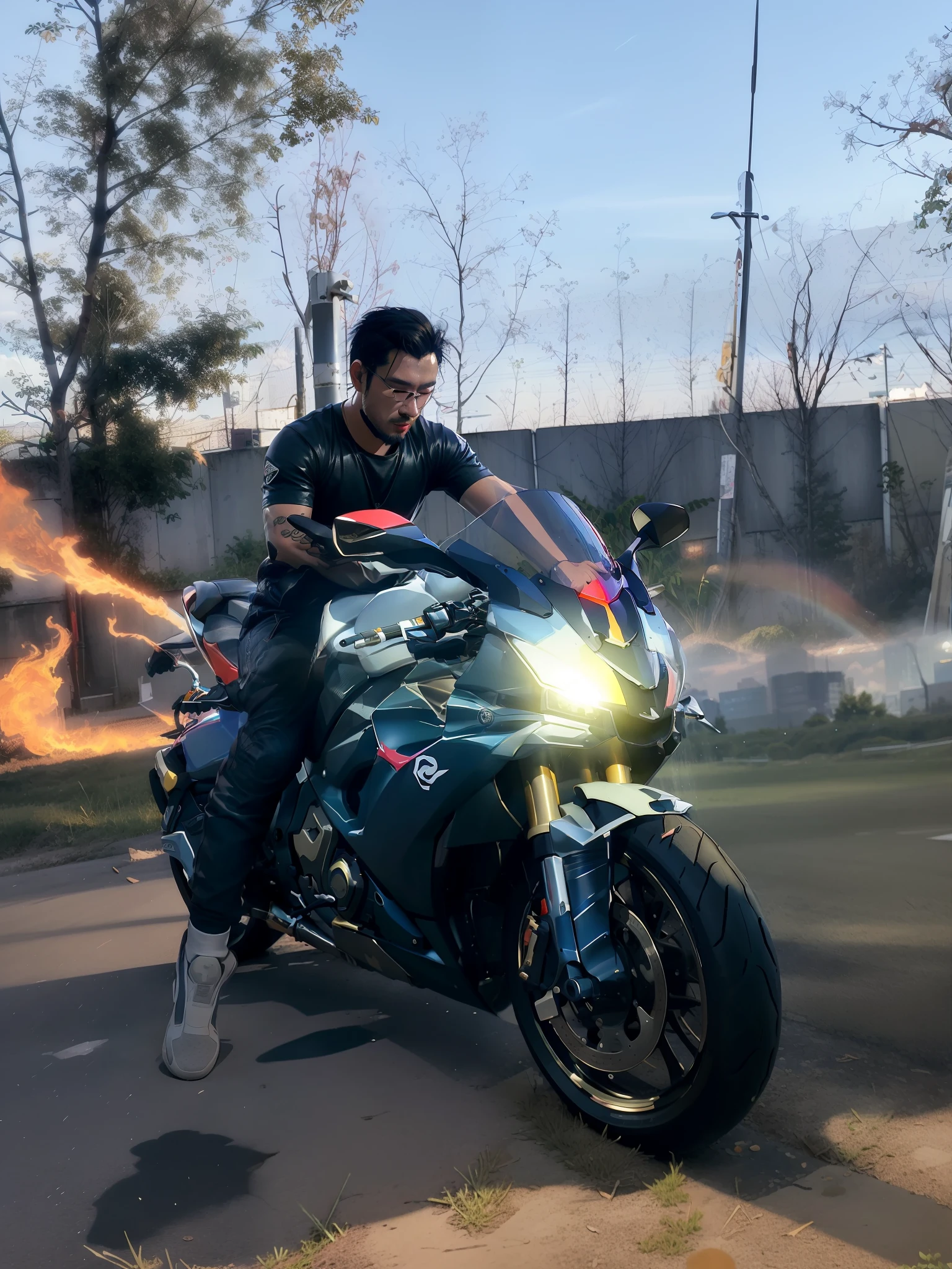 There was a man in the field sitting on a motorcycle, 🚿🗝📝, motorcycle, 🔞🤡, zmonzheng, sitting on cyberpunk motorbike, riding a motorcycle, 🪔 🎨;🌞🌄, Profile picture, sitting on the motorcycle, 🔥 😎 🕹️ 👀 :2, akira motorcycle, ERU, Night!