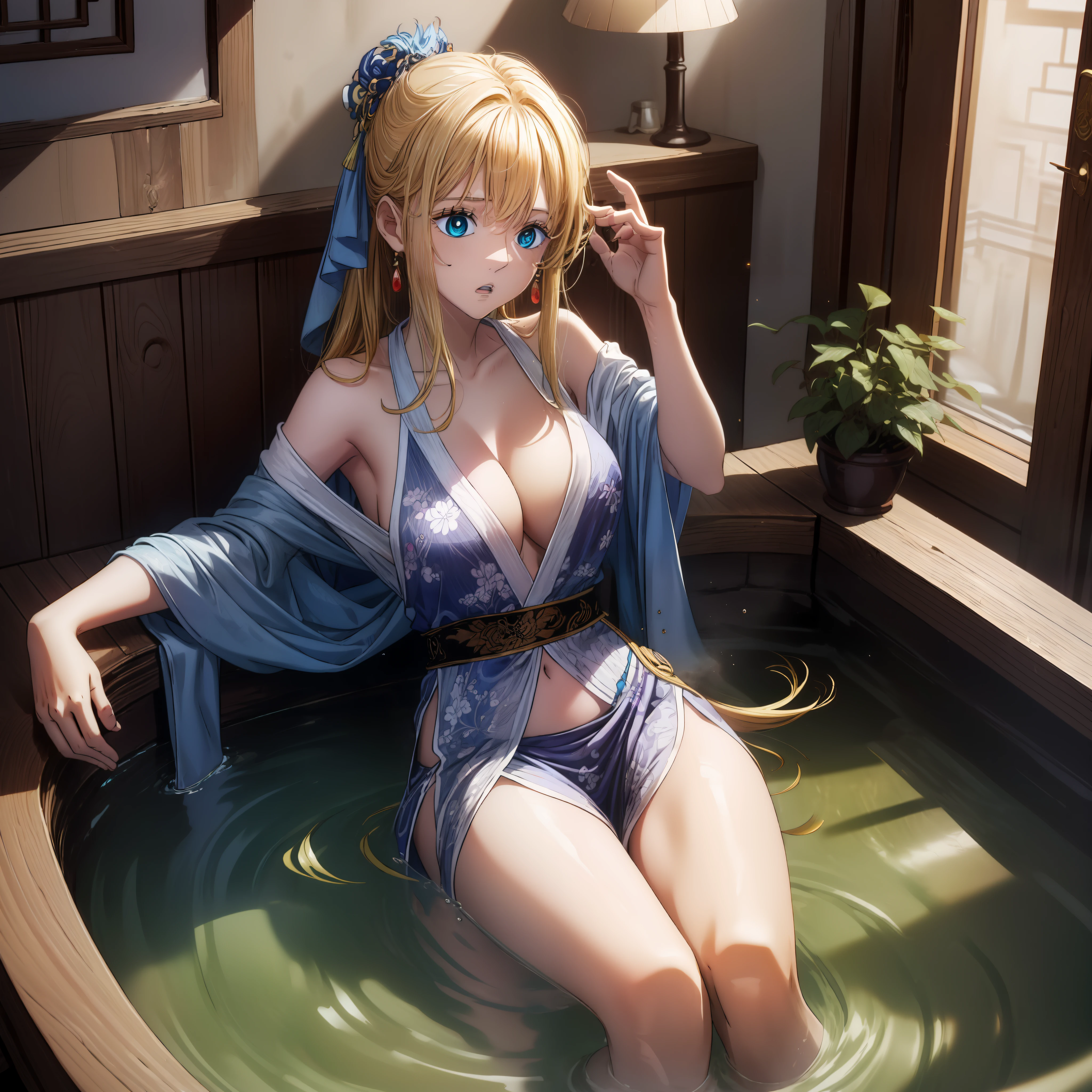 photorealestic,Chinese ancient style,Exotic,Beauty out of the bath,with hair dishevelled,Disheveled clothes,blonde with blue eyes,Big chest,High transparency of clothes,Lift your clothes over your chest with your hands,The eyes are terrified,Panic