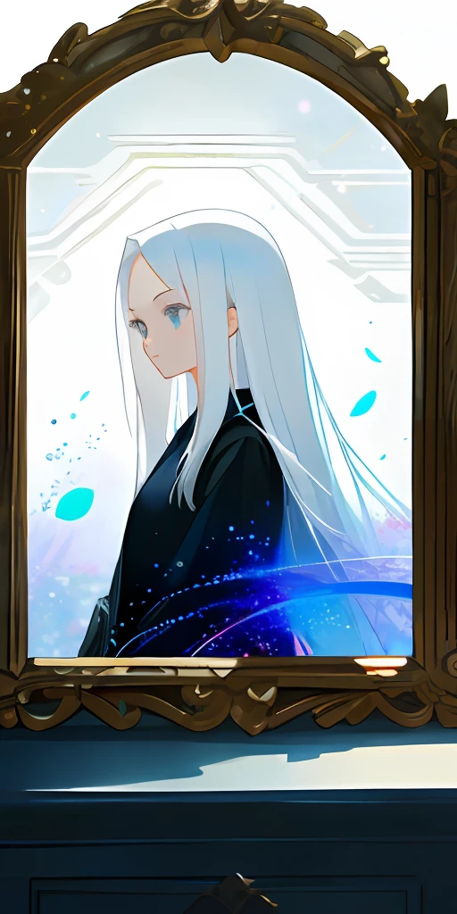 ((Beautiful)), ((Artwork level)), ((k hd)), teens girl,long white hair,blue color eyes,mirrors,background inside dark,Fascinating tiny particles。
