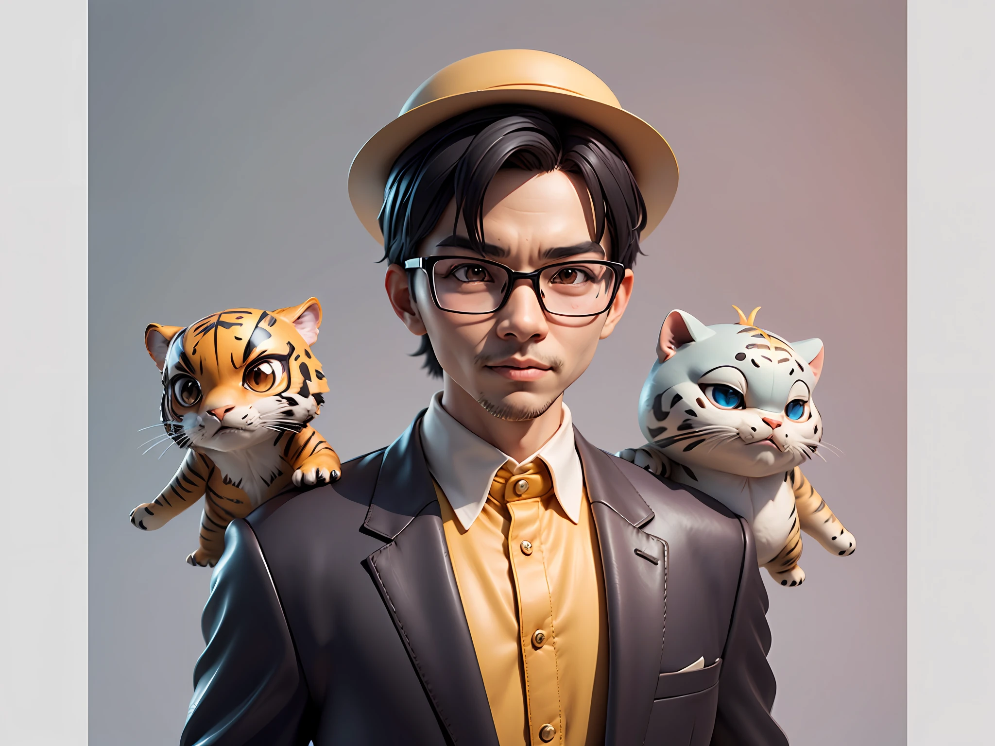 Young man with oriental face in leather hat, tiger, oriental face in formal suit, short black hair, silver glasses, digital painting, 3D character design by Mark Clairedon and Pixar and Hayao Miyazaki and Akira Toriyama, the illustration is a high-definition illustration in 4K resolution with very detailed  features and cartoon-style visuals.