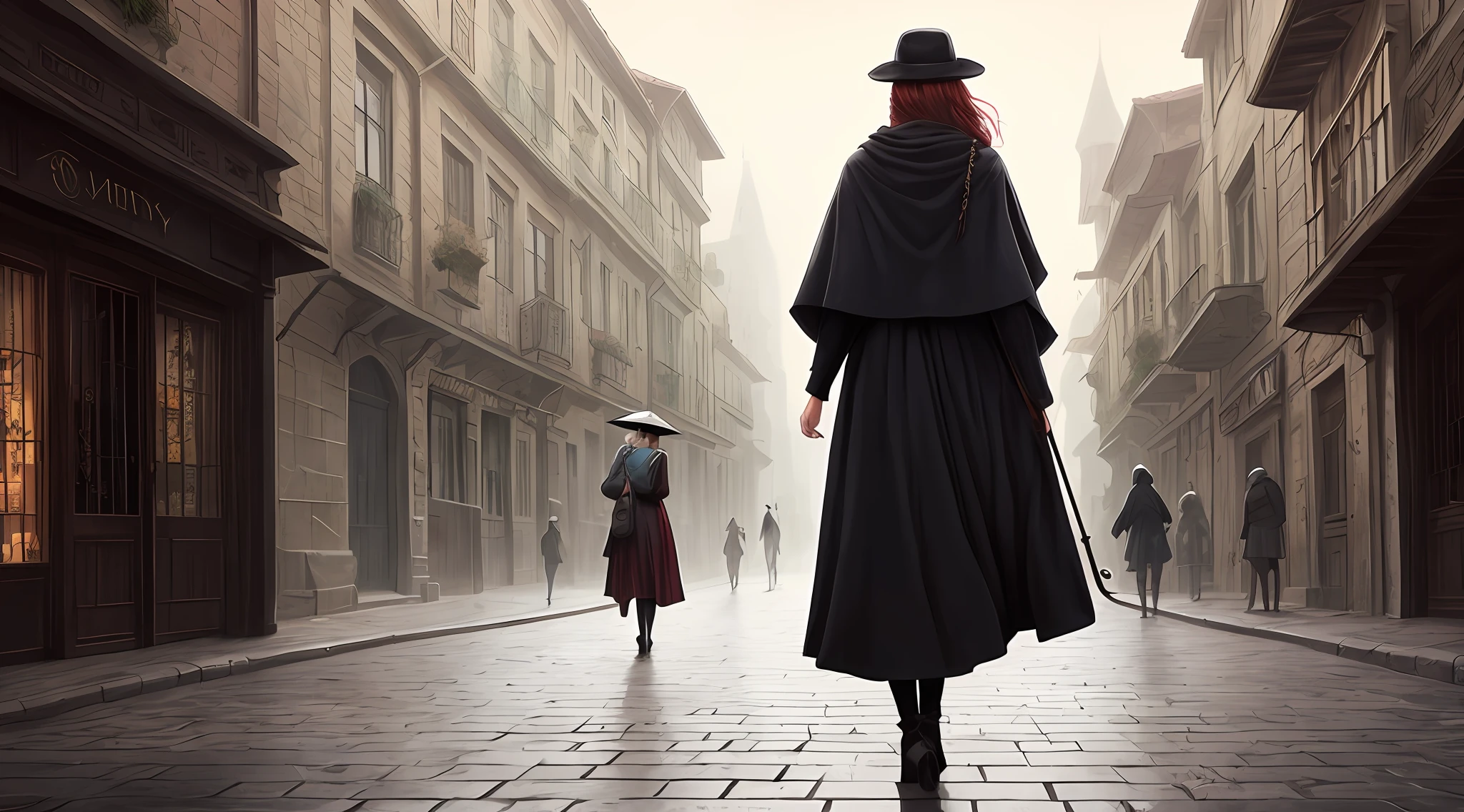 There was a woman walking down the narrow street with an umbrella, gothic city streets behind her, Stylized urban fantasy artwork, inspired by Grzegorz Domaradzki, A beautiful artwork illustration, Mysterious girl, Mysterious woman, in a cloak with long hairs, Charlie Bowater style, mistborn, ancient city streets behind her, wandering in the city