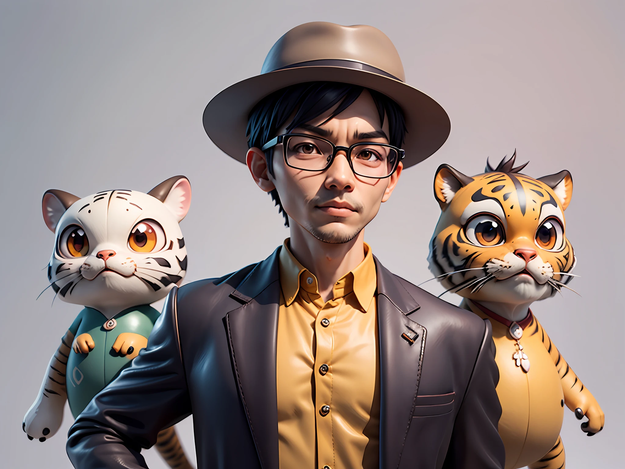 Young man with oriental face in leather hat, tiger, oriental face in formal suit, short black hair, silver glasses, digital painting, 3D character design by Mark Clairedon and Pixar and Hayao Miyazaki and Akira Toriyama, the illustration is a high-definition illustration in 4K resolution with very detailed facial features and cartoon-style visuals.