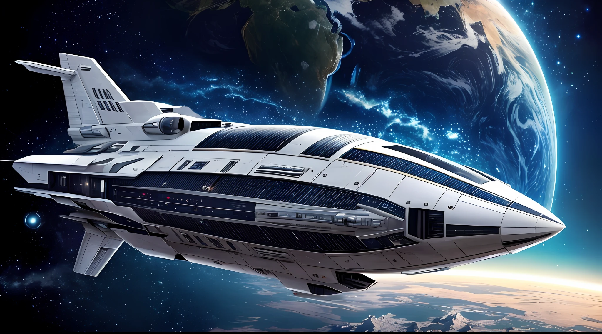The largest Battlestar Galactica,The future is full of technology,Sophisticated and complex structures,Ultra-detailed graphics,glittery,(Intense metallic luster:1.3),((对称:1.3))(Cockpit exterior),Medium close-up and close-up,Silvertone,(Outer space scene:1.3),((Telefocus earth background:1.4)),rendering by octane,Ultra photo realsisim,hyper realisitc,A masterpiece of science fiction,Cinematic texture,hyper photorealism,Premium wallpapers,Master masterpieces,offical wallpaper.(Screen Living:1.3),(cross-section:1.3),Still shooting,(Sharply defined:1.3)