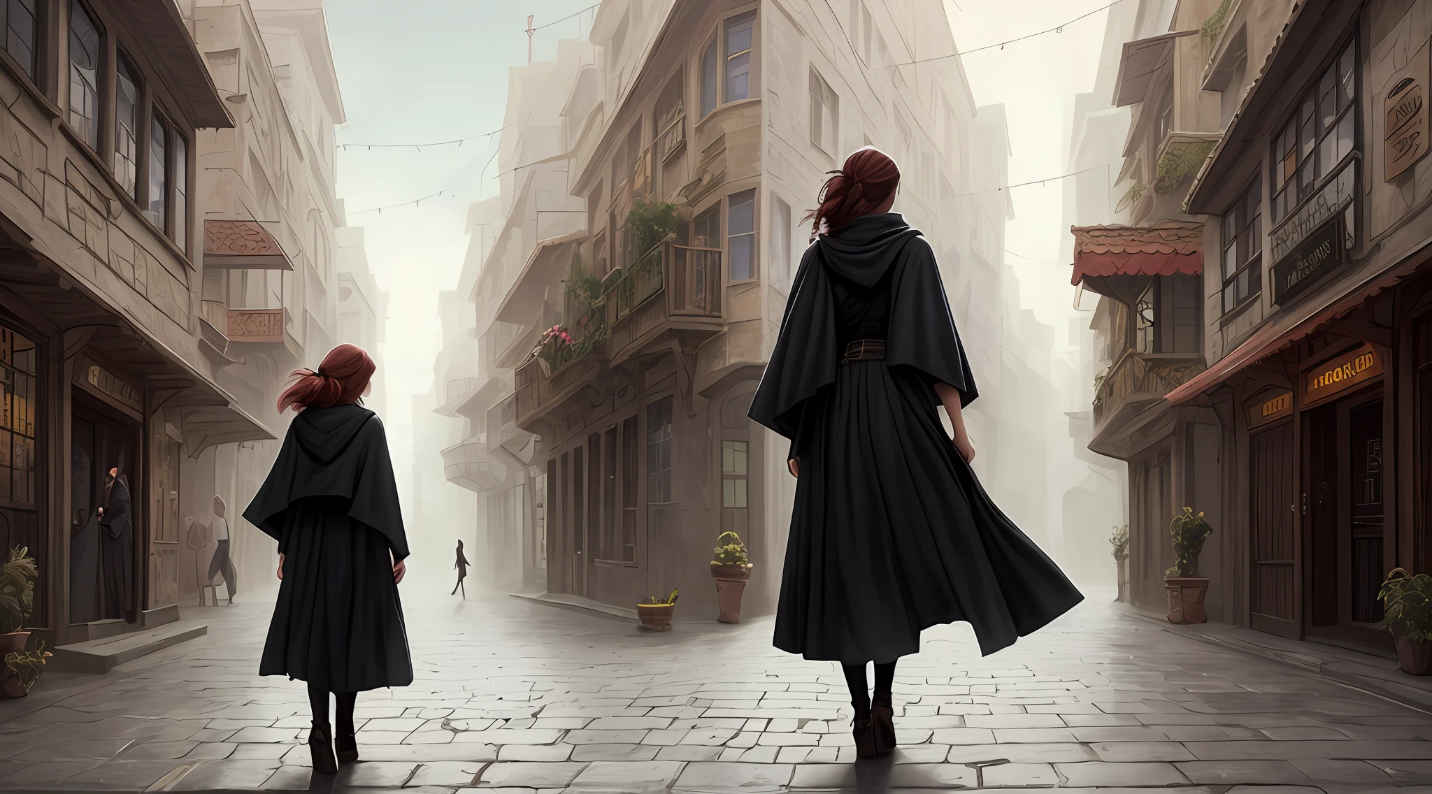 There was a woman walking down the narrow street with an umbrella, gothic city streets behind her, Stylized urban fantasy artwork, inspired by Grzegorz Domaradzki, A beautiful artwork illustration, Mysterious girl, Mysterious woman, in a cloak with long hairs, Charlie Bowater style, mistborn, ancient city streets behind her, wandering in the city