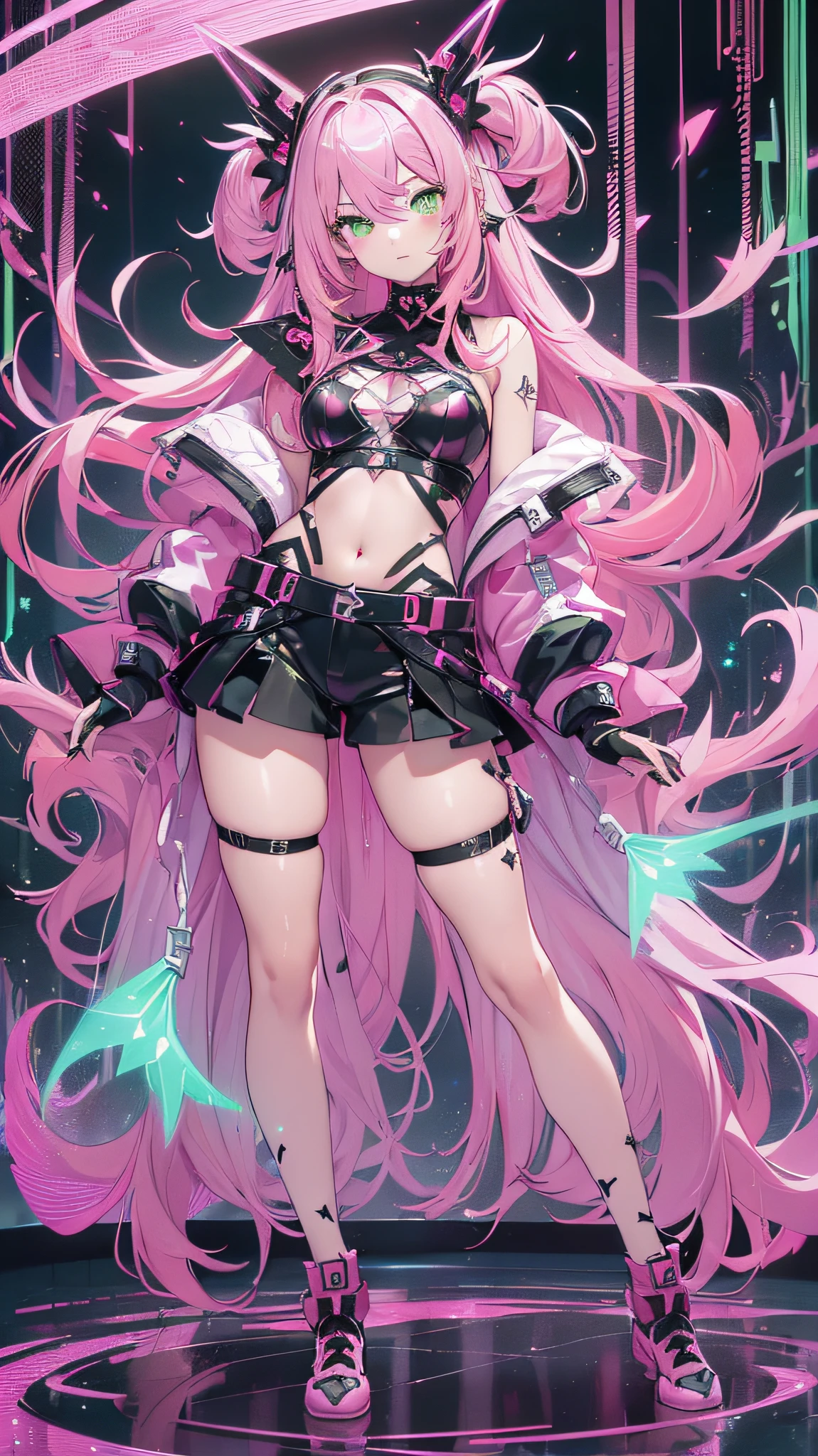 (((Masterpiece))), (best qualighy, best resolution:1.2), beautiful anatomy, perfect body, very delicate, super gorgeous composition, very beautiful hair, high ponytail, pink hair ornament, multicolored hair, absurderes, glowing eyes:1.2, reverse bunny outfit:1.1, clothes under clothes, full body, pigeon-toed, holding magical girl stick, (big and kawaii puff scenery), unique art, most beautiful art, ((ultra detailed)), beautiful details, ((nice drawn hands and fingers)), (most beautiful legs), depth in field, cinematic lightining, colorful, intricate, mesmerizing, ((holographic)), ((perfectly drawn hands and fingers)), ((perfectly drawn legs))
