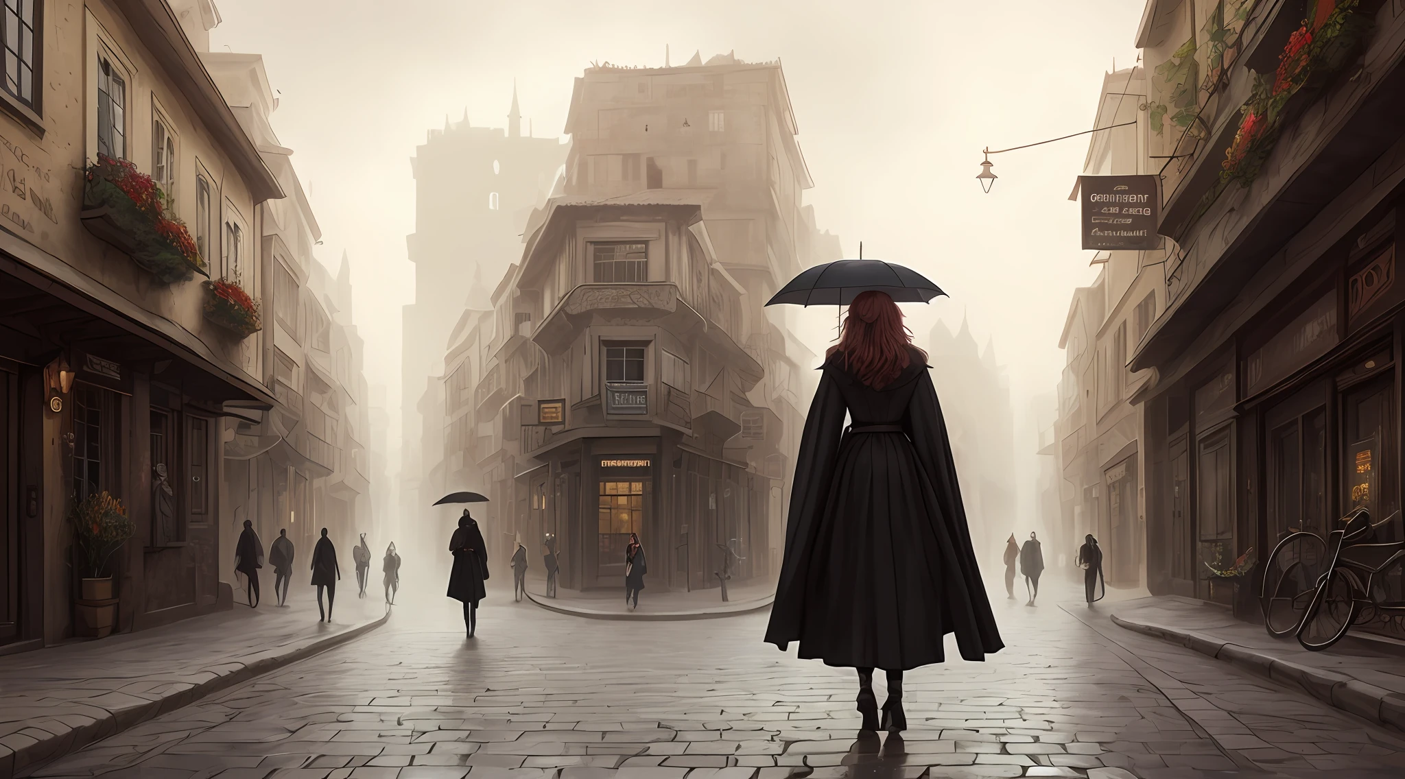 There was a woman walking down the narrow street with an umbrella, gothic city streets behind her, Stylized urban fantasy artwork, inspired by Grzegorz Domaradzki, A beautiful artwork illustration, Mysterious girl, Mysterious woman, in a cloak with long hairs, Charlie Bowater style, mistborn, ancient city streets behind her, wandering in the city