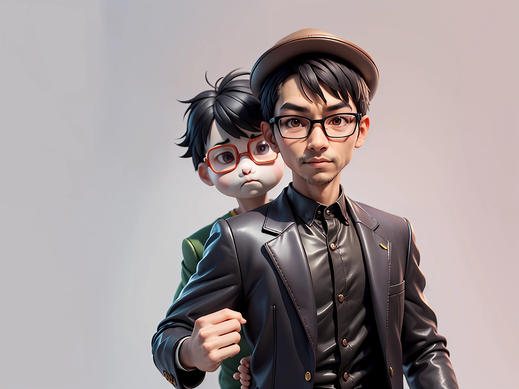 Young man with oriental face in leather hat, tiger, oriental face in formal suit, short black hair, silver glasses, digital painting, 3D character design by Mark Clairedon and Pixar and Hayao Miyazaki and Akira Toriyama, the illustration is a high-definition illustration in 4K resolution with very detailed facial features and cartoon-style visuals.