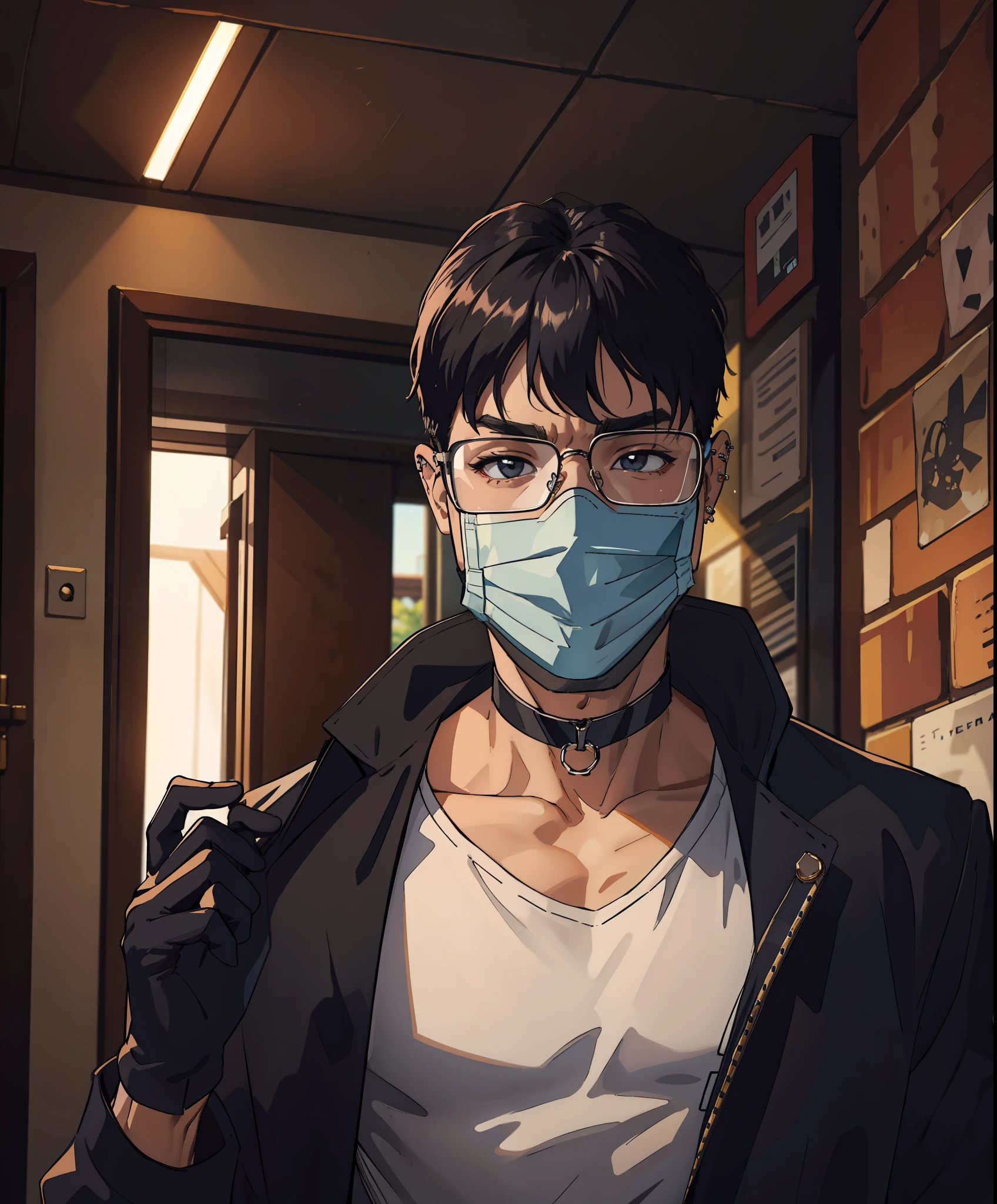 masterpiece, best quality, choker, gloves, face mask, glasses, naked chest, piercing, take off shirt