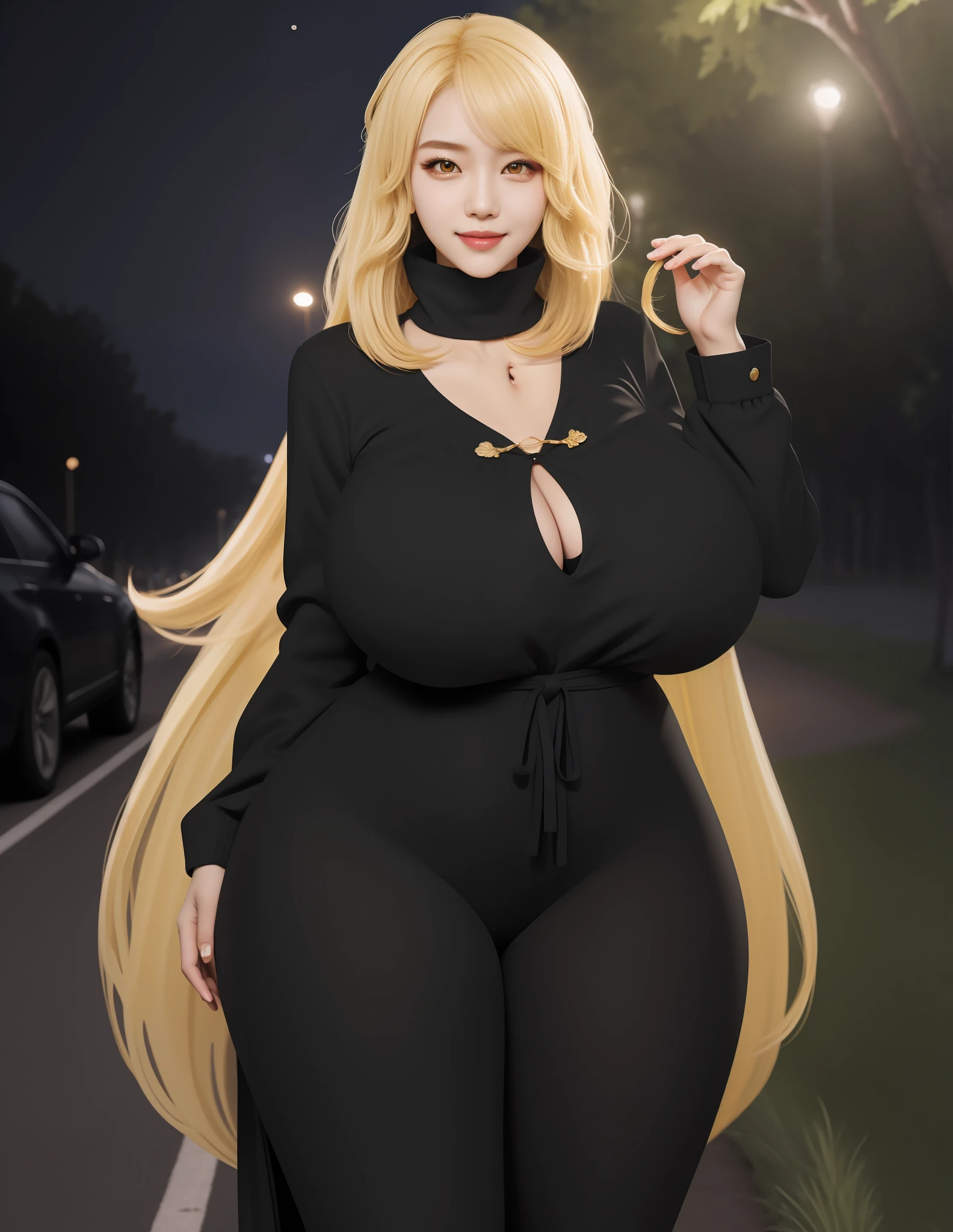 An Idol k-pop girl, (cute face, lewd face), braid hair, intricate face details, detailed face, golden ratio face, ((big breasts:1)), ((slim waist, big butt, big hip, big thighs)), ((intricate hands, detailled hands)), ((intricate feets, detailled feets)), full body, 64K, UHD, HDR, global illumination, (high quality, high detailed, hyper detailed, extremely detailed), photo realistic, ultra realistic, art photo, (clarify the details, detailed parts body), intricate artwork masterpiece, trending on artstation, (shoft smile), tight clothes, (yellow eyes:1), night park background, traffic lamp, trees, grass, rocks
