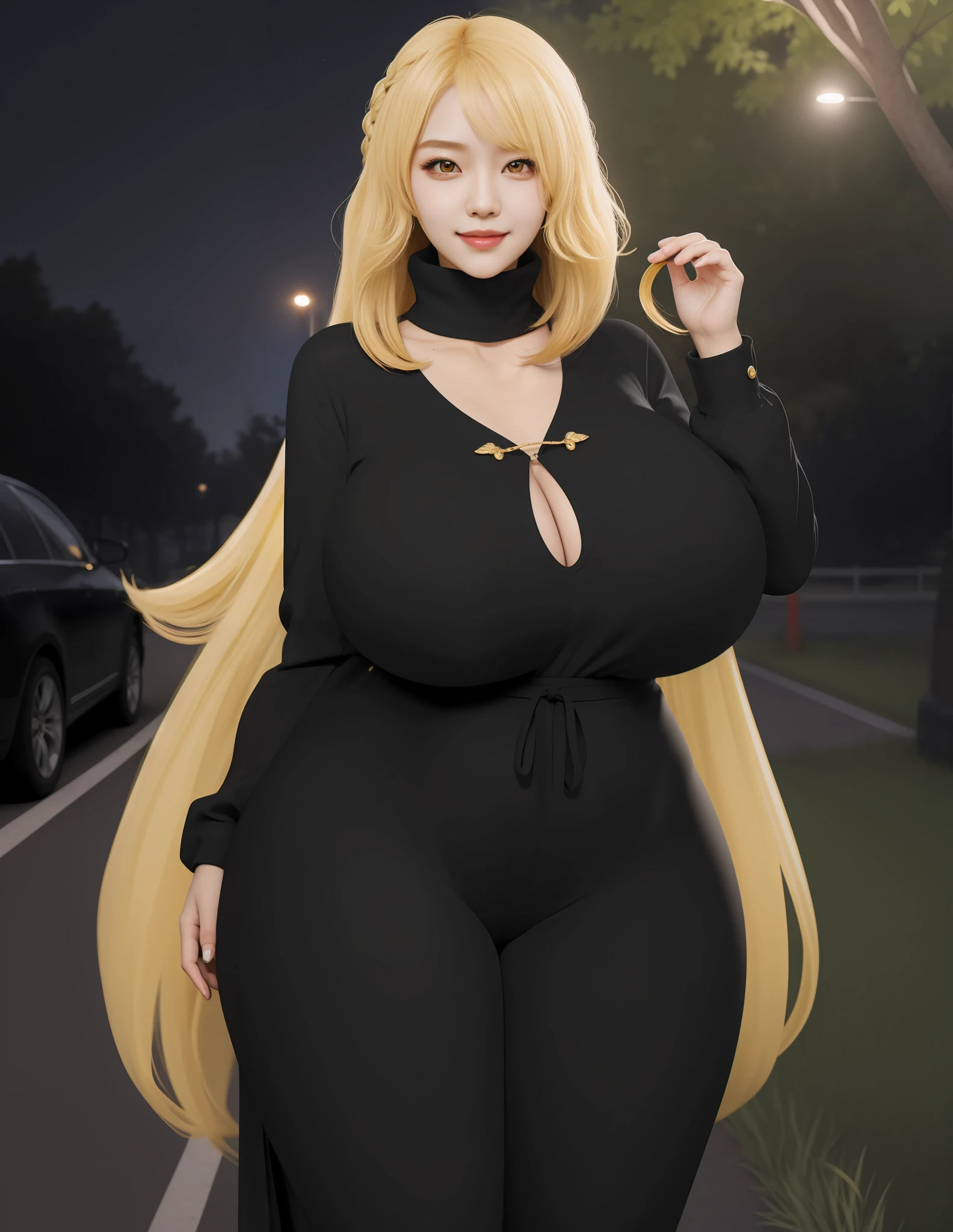 An Idol k-pop girl, (cute face, lewd face), braid hair, intricate face details, detailed face, golden ratio face, ((big breasts:1)), ((slim waist, big butt, big hip, big thighs)), ((intricate hands, detailled hands)), ((intricate feets, detailled feets)), full body, 64K, UHD, HDR, global illumination, (high quality, high detailed, hyper detailed, extremely detailed), photo realistic, ultra realistic, art photo, (clarify the details, detailed parts body), intricate artwork masterpiece, trending on artstation, (shoft smile), tight clothes, (yellow eyes:1), night park background, traffic lamp, trees, grass, rocks
