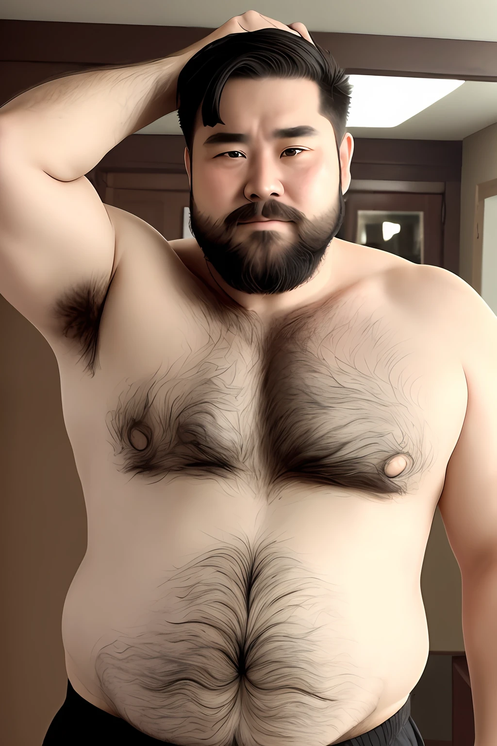 Obese beard upper body Asian chest hair bushy old