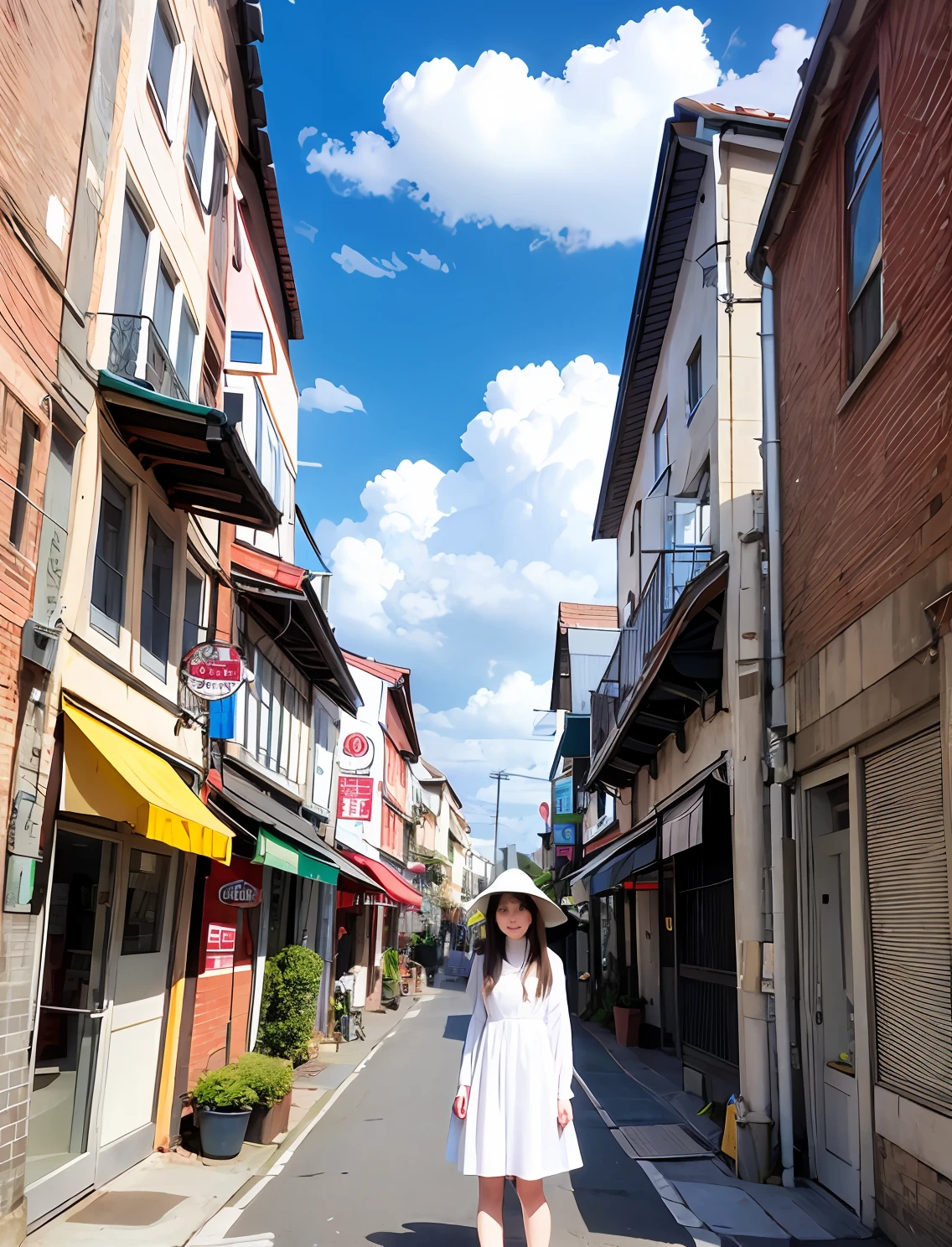 white clothes,Long hair,Cute girl。Blue sky and white clouds,urban street scene
