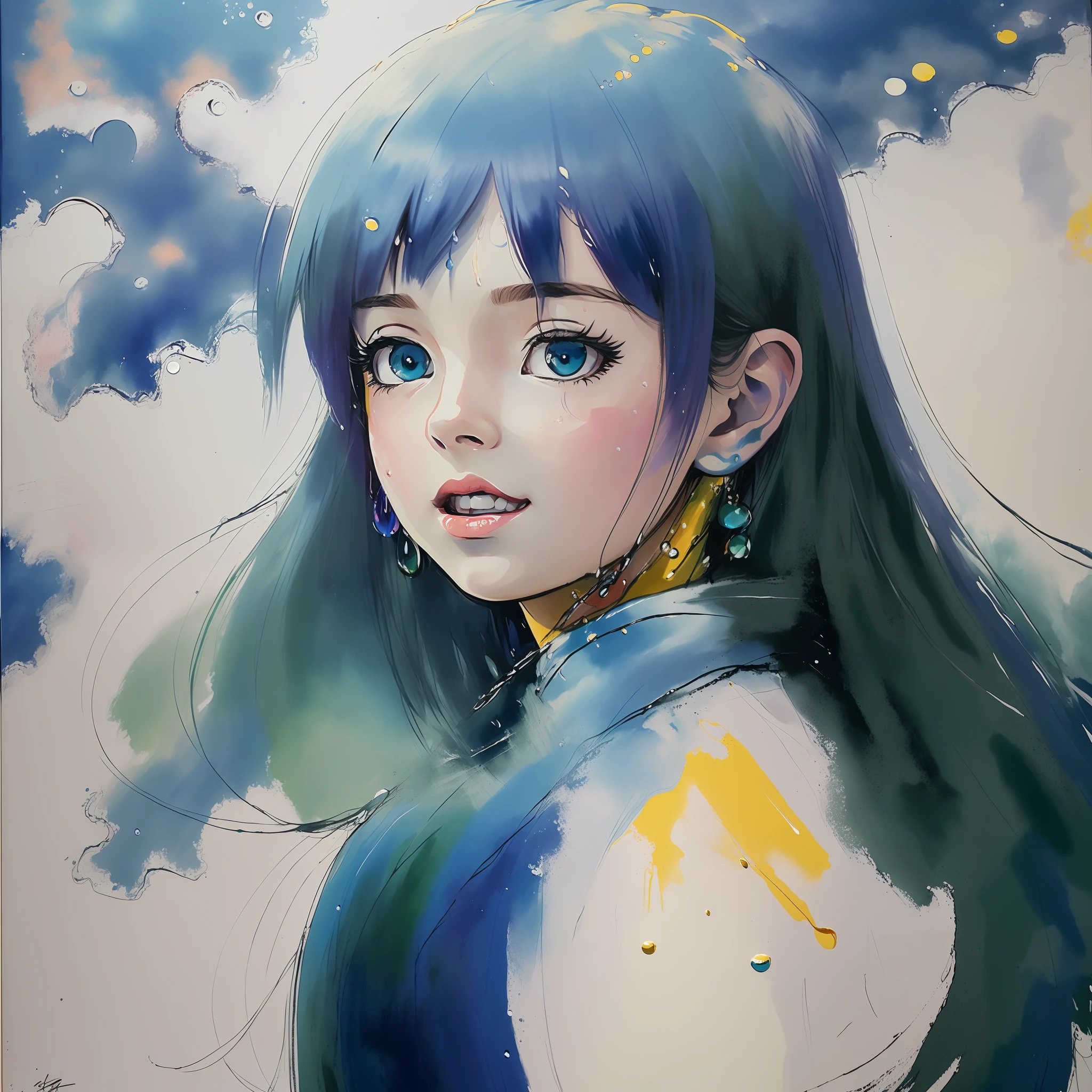 Anime superlatives quality,CG diagrams are the most detailed,high definition resolution,Dynamic angle,(1little girl) Delicate face,(Blue eyes:1.2,multicolour hair+Plata:1.3+rot:1.2+Viola+yellow:1.3+green:1.3) Wearing white martial arts costumes,Neck streamers,A vast scene like a sea of clouds,Ink scenery,It was as if water droplets were on the painting,Generate a skyline,Phantom beauty,higher details,Enhance the high-class sense of this painting。