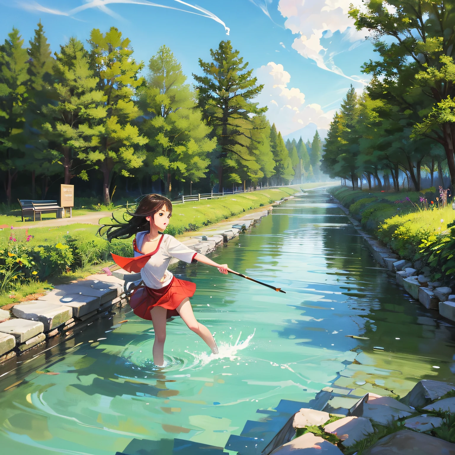 A girl playing by a stream,ancient wind,Smoke and smoke,Kizi,small stream,Fish,frolicking,In the daytime, --auto