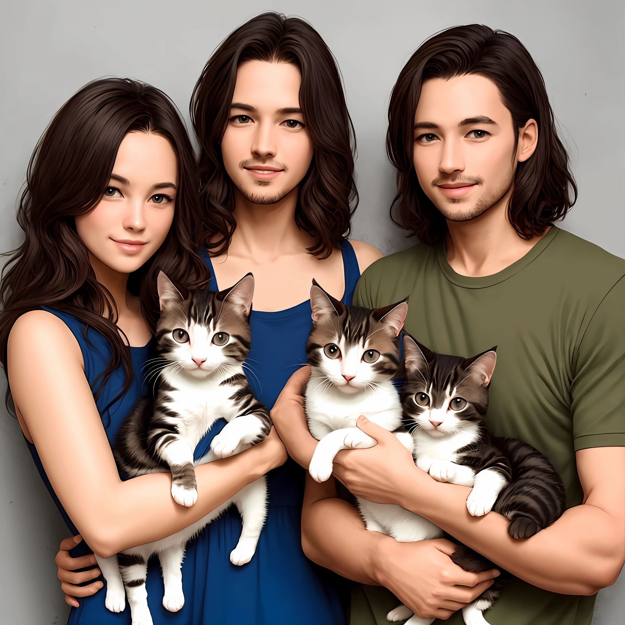 Q version,brunette color hair,Stick figures,husband and wife,adolable,Holding two kittens