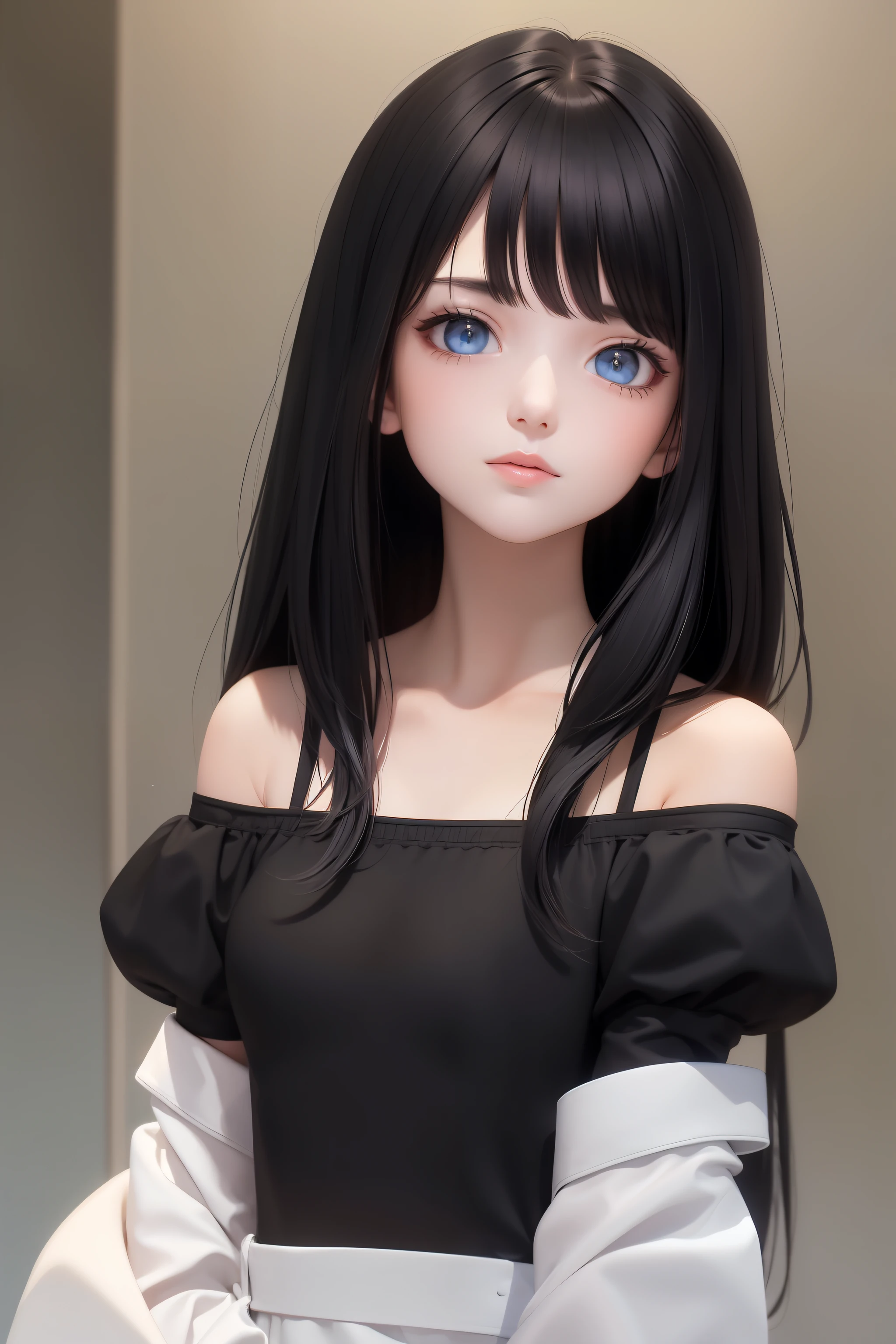 best quality, masterpiece, black hair, blue eyes, looking up, upper body