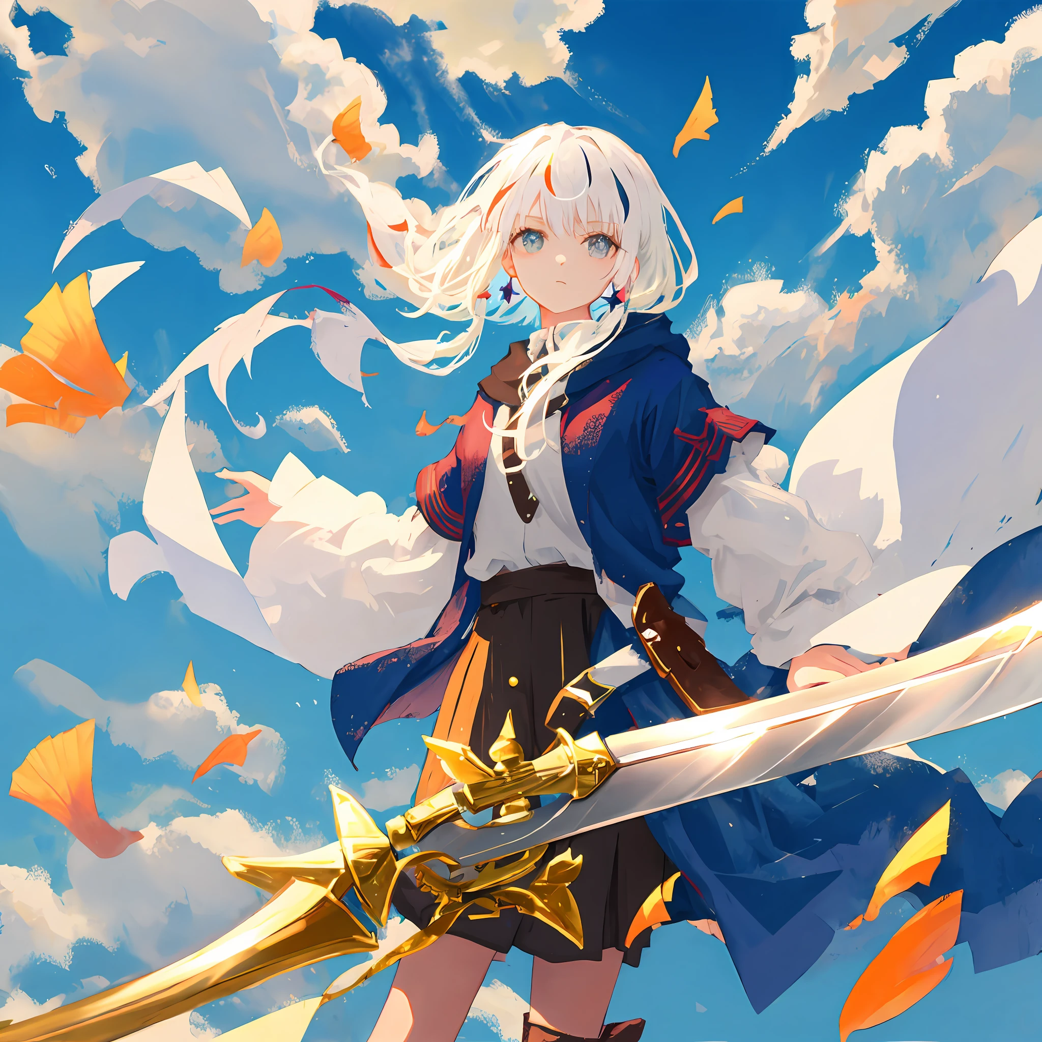 White-haired woman in the sky flying with a sword