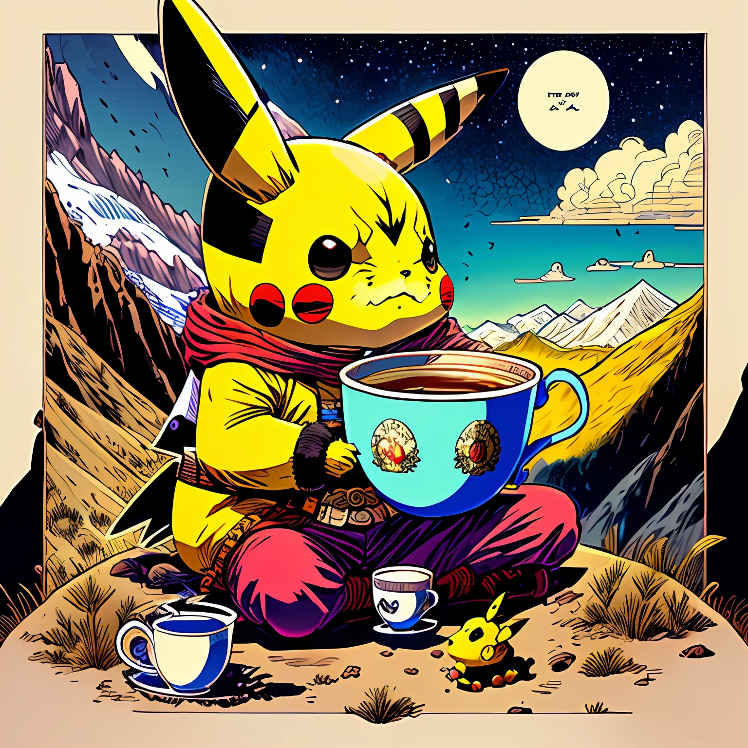 luffy,Pikachu,s Ultraman,A cup of tea,drinking tea,In the mountains,comic strip,tmasterpiece,Bright,a color --auto