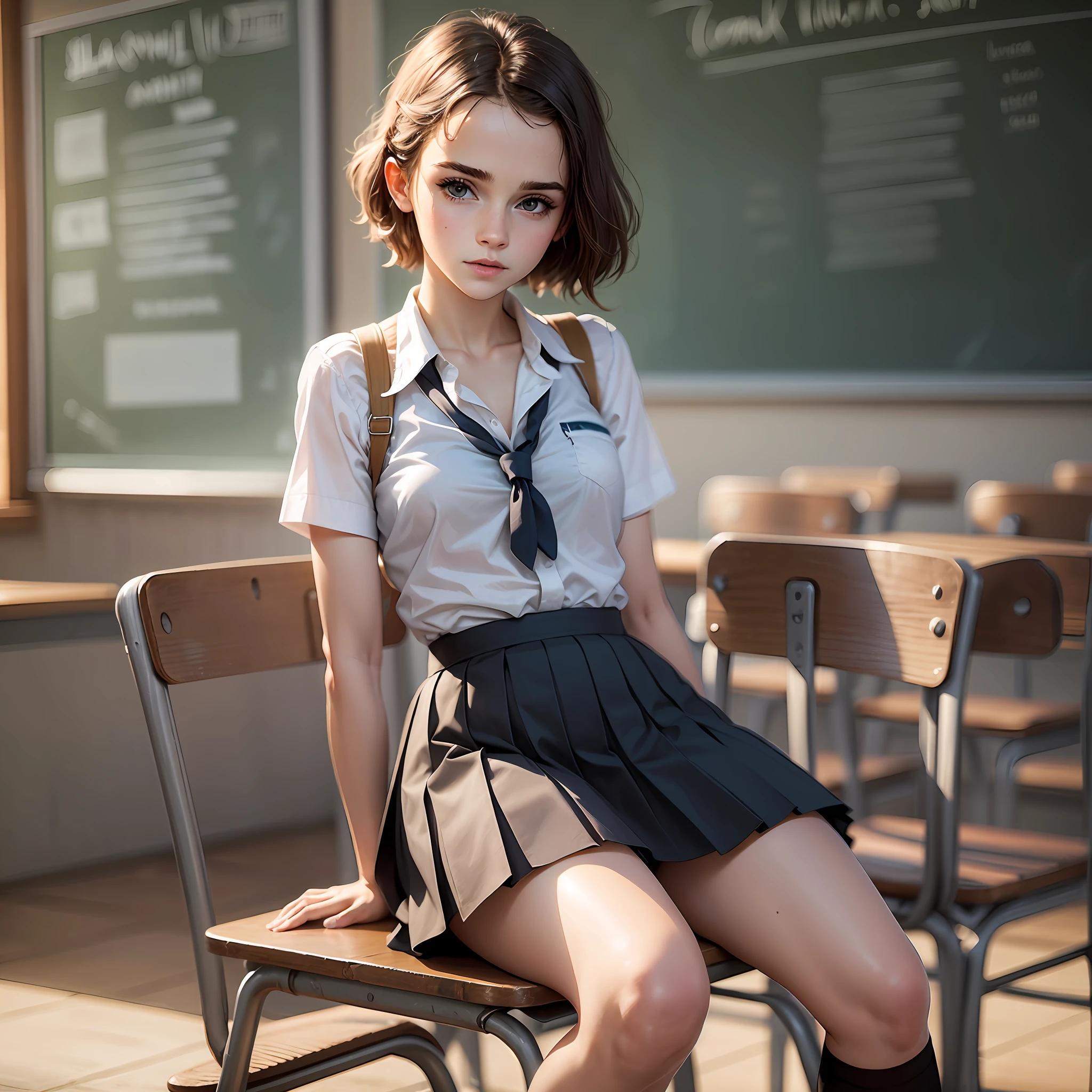 emma watson as a sexy schoolgirl sitting on a fence. tight intricate school uniform. slender body. classroom. day. background blackboard. pleated skirt.
