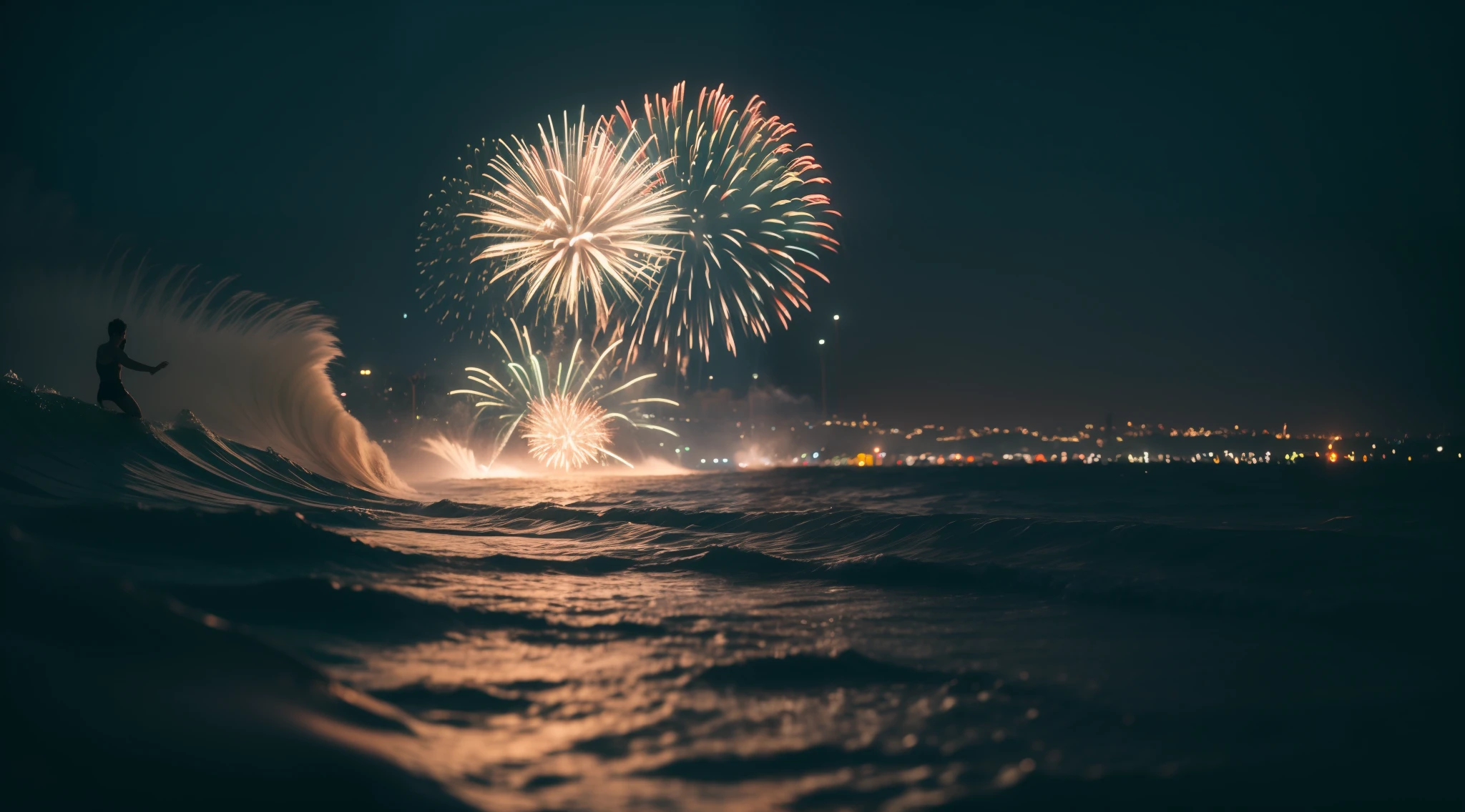 Beach great fireworks, ass, gyaru, dark-skinned, (shiny oiled skin:1.2), colorful fog, colorful flower, Colorful rocks, sony a7, film gain, a dark night, Cinematic lighting, Photorealistic, one-point perspective, 32K, diffuse reflection, colorful shiny particles, colorful water splash, sharpness, Big wave, Lens Flare, sharp reflection light