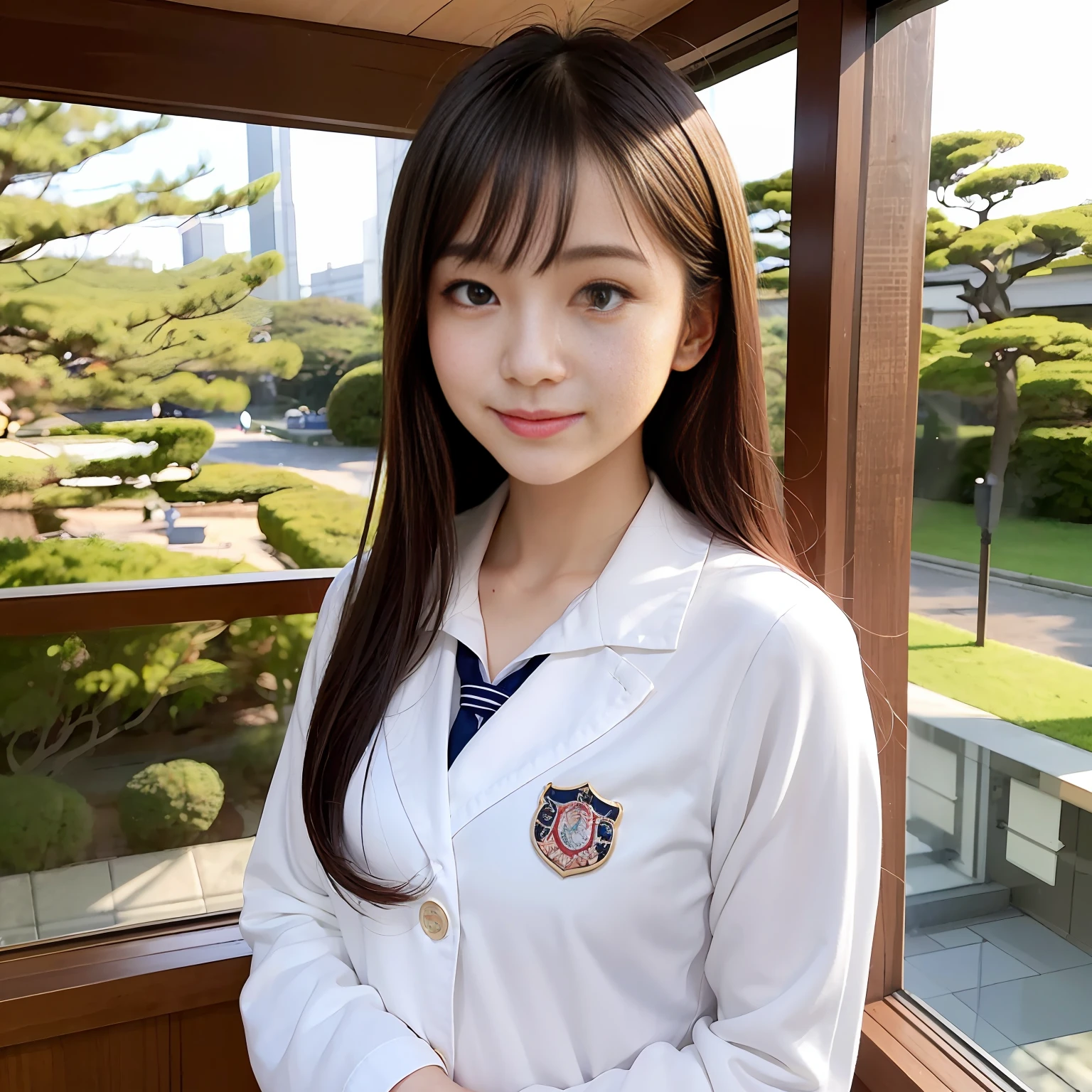 (Beautiful and highly detailed 8k wallpapers), ((Japan Girl)),Medium chest, Detailed, Drama, , Delicate and beautiful schoolgirl, Sailor suit up and down, tie, Smile, peeking at viewer, Beautiful graphics, Bright school building, Showing the whole body,.