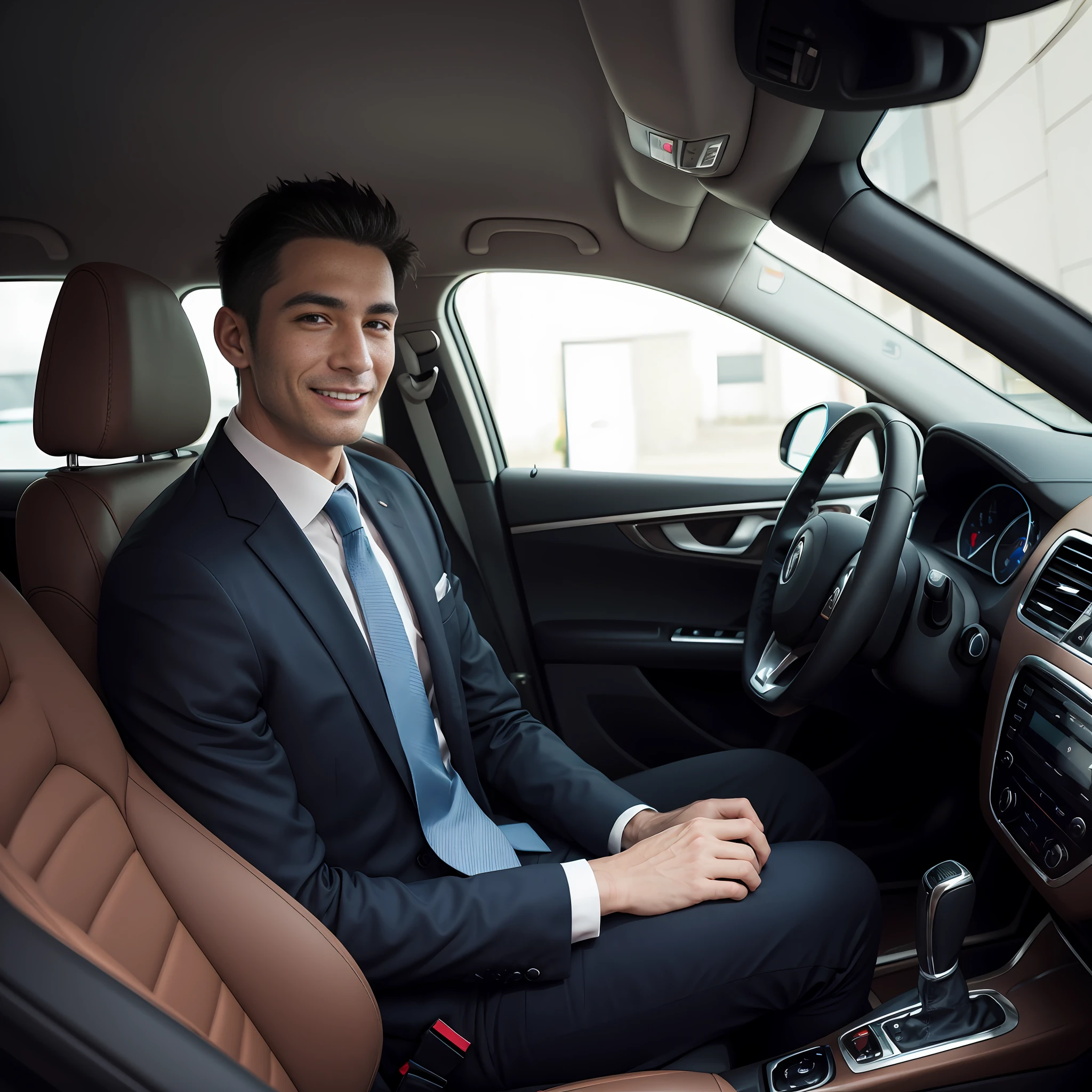 wearing a suit and a tie,Fasten seatbelt action, Male model,Smile, Minimalism, inside car,On the go, stereograms, hyper HD, Best quality, High details --auto