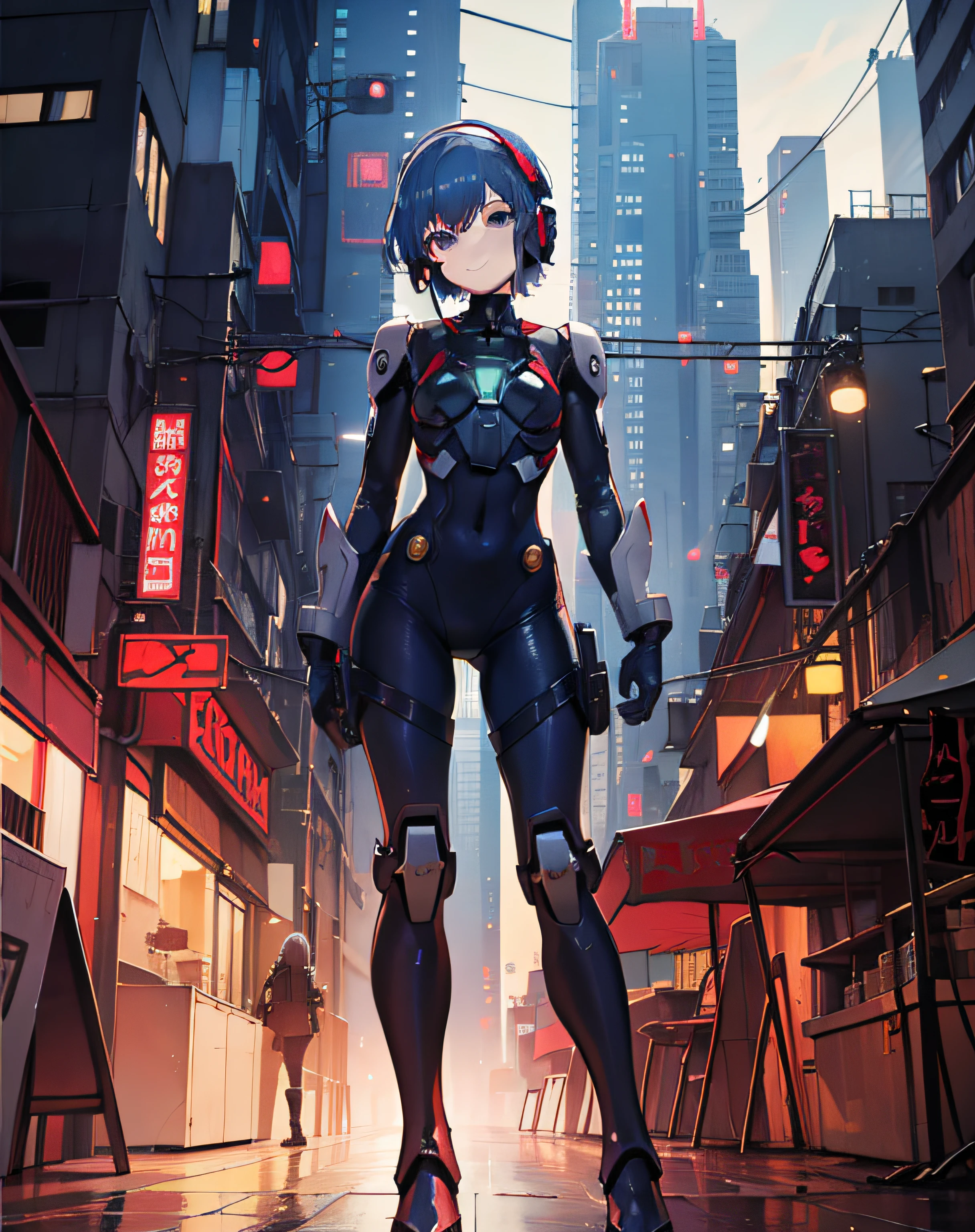 masterwork、Best Quality、女の子1人、Small breasts、((album covers))、darkblue hair、lightonface、Slim body、exoskeleton、metal gear、Cyberpunk style、shorth hair、Gundam、Futuristic city、Bright sunlight、Glare、long boots、gloves、headset on head、Cuteness、Gentle smile
