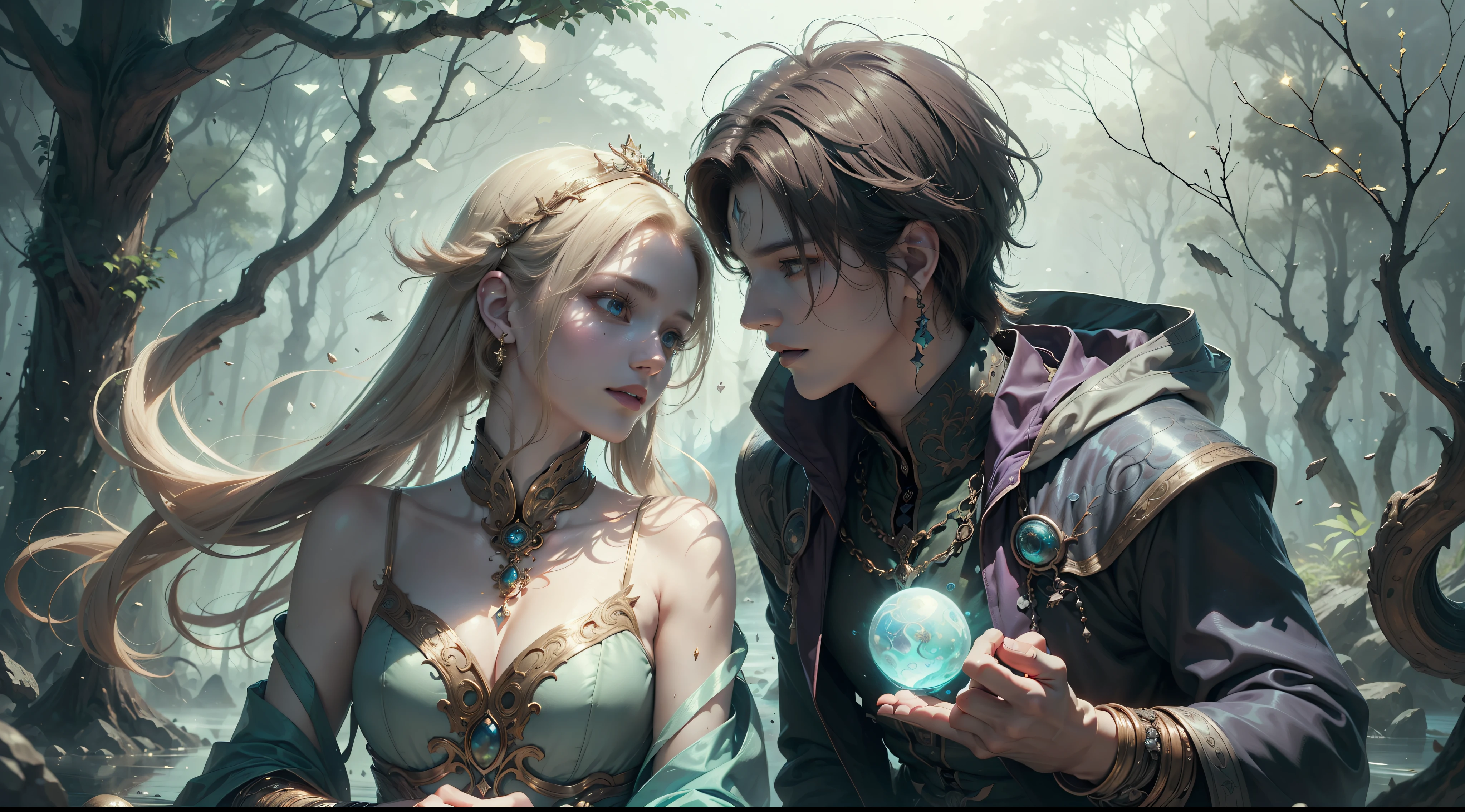 multi-person interaction、Intimate couple、Beautiful composition、Gorgeous underwater light、「1 juvenile、(Sosuke Seizen)、a closeup、Badass poses、bleach、Powerful aura、Aura of gray」、HD、unparalleled masterpiece ever、Dynamic lighting、movie、epic poem、And「1girl、(dynamicposes)、Confident and powerful mysterious smile、Beautiful blonde、(perfect facial features)」、(magical forest:1.3)、(Magic Glow:1.2)、Elegant atmosphere、(Secluded beach:0.8)、(seashells:0.9)、(flawless skin:1.2)、 Breathtaking details。(masterpiece、top-quality:1.2)、