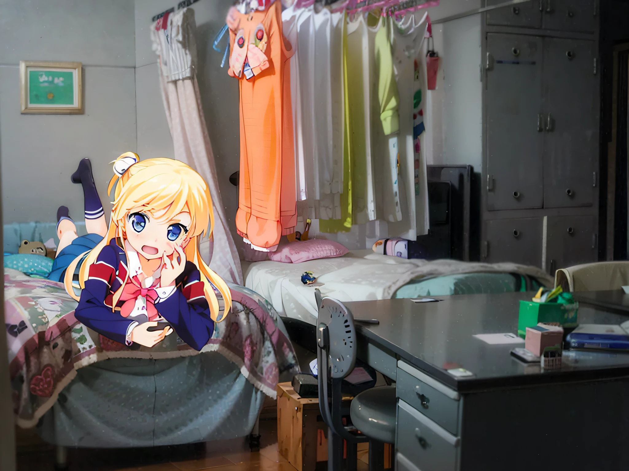 Anime - style room with bed, desk work, And clothes hanging on the line, rpg maker style bedroom, sitting in her room, in a japanese apartment, typical anime classroom, style of madhouse studio anime, in her room, Candy Hospital Room, in the bedroom at a sleepover, personal room background, asuka suit under clothes!, Posing in the bedroom