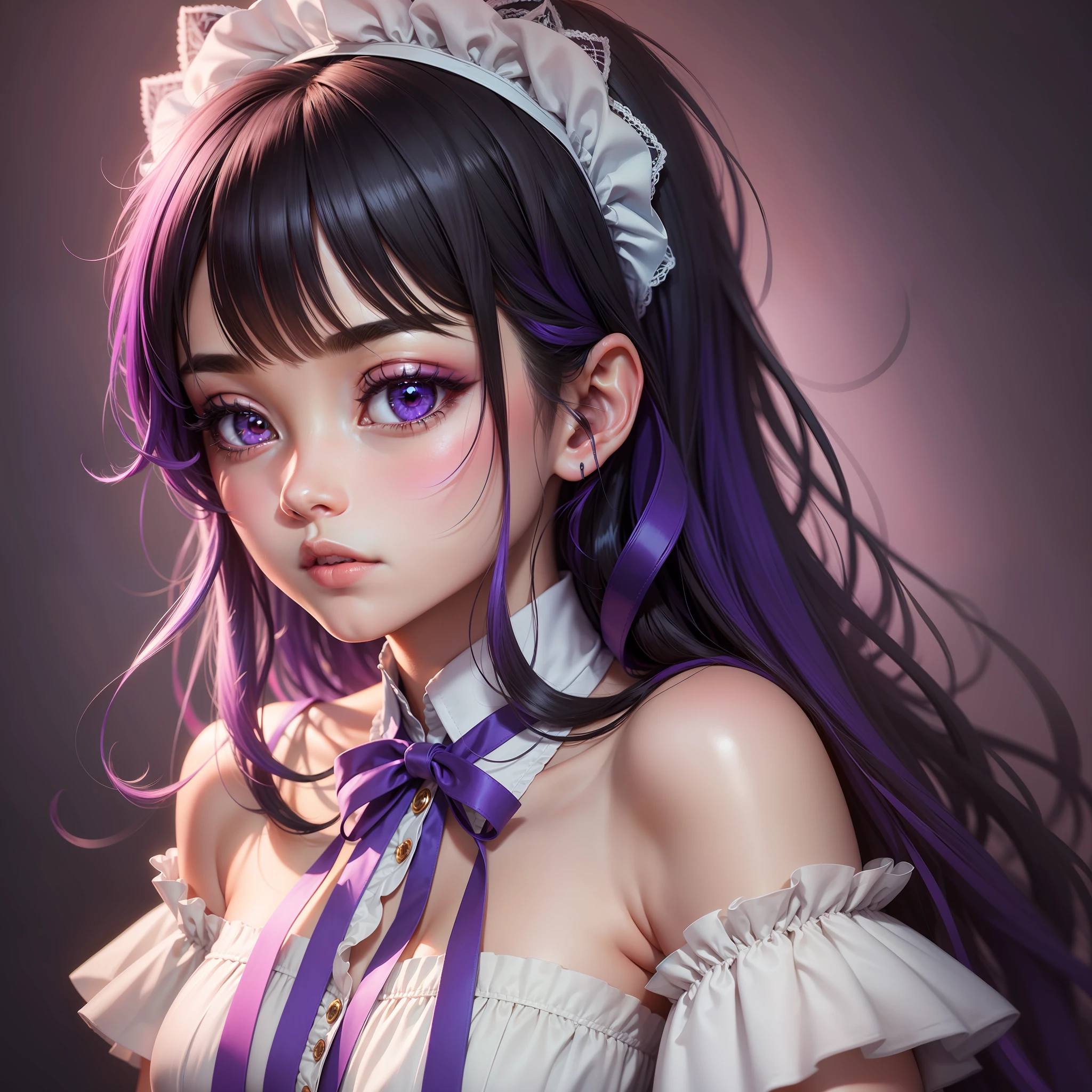 black hair, shy, blush, longeyelashes, color contact lenses, maid headdress, ribbon, purple hair, Surrealism, Realism, dithering, ray tracing, 8k, super detail, highres