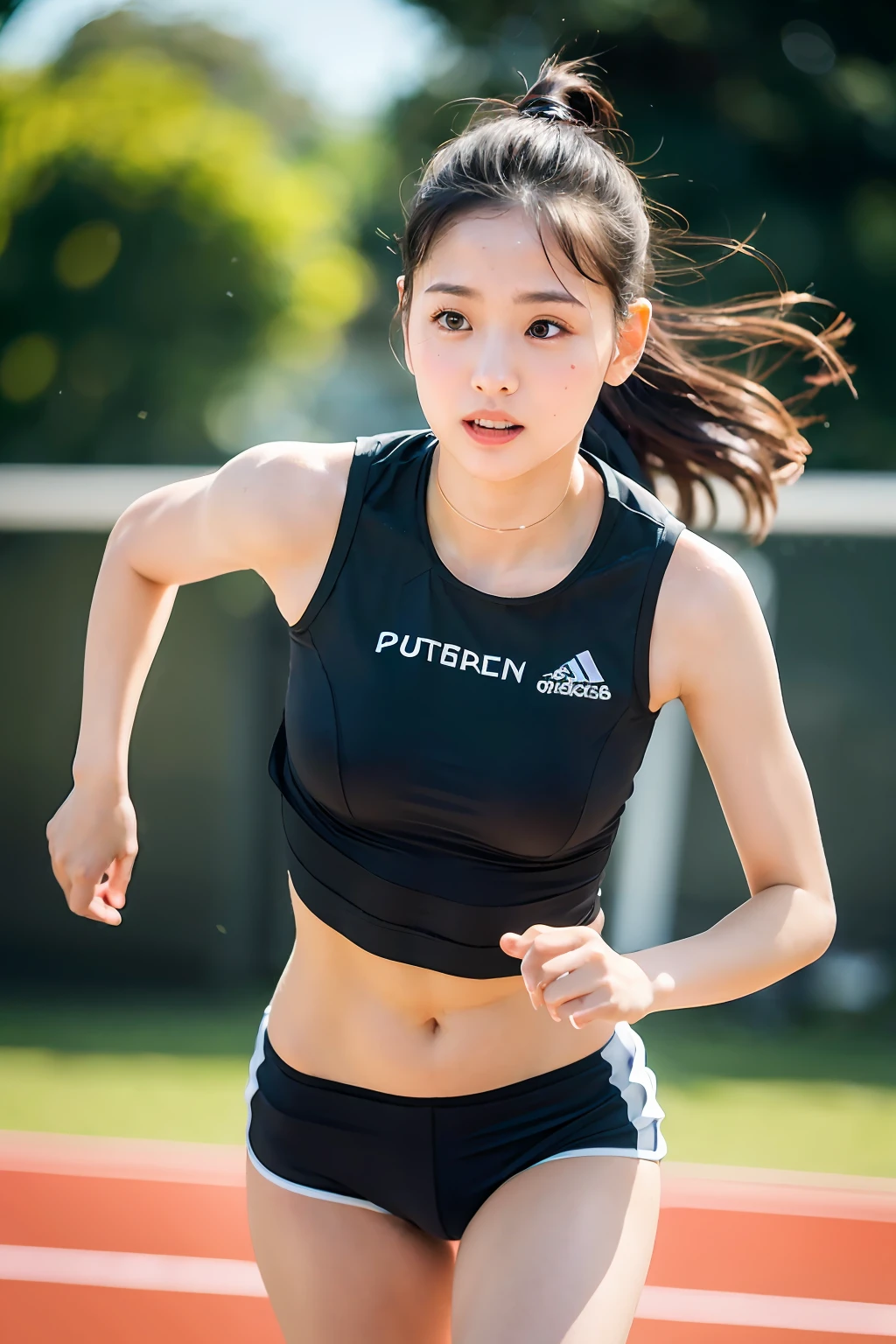 (((Sports, Short, Long, Running, Jogging, Marathon, Exercise, Athletics, Running, Running Posture, Running, Feeling of Galloping, Sweat, Sweat, Sweating Lots)))), ((Volley Uniform: 1.3, White, Red, Blue, Uniform: 1.3, Lower, Swaying, Hetero)), ((White, Red, Blue, Bloomers: 1.2, Low Rise)), (Athletics, Floating Hair NovaFrog Style, Floating Hair, Hair and Clothes That Flutter in the Wind, High School, Slender Abs: 1.2, Navel, Serious Look), (The shape of the pubic area is clearly visible)), Blushing, NSFW, 8k, RAW Photo: 1.2, (Best Quality: 1.4, Masterpiece: 1.4), Super Detail, Best Illustration, Ultra High Resolution, Portrait, Film Grain, 1girl, POV, Depth of Field, Photorealistic: 1.4, detailed hair, realistic hair, realistic lighting, realistic shadows, realistic clothing, realistic skin, natural skin texture, portrait: 0.6, light particles, lens flare, glowing particles: 0.6, bokeh: 1.2, clean: 1.8, professional lighting, photon mapping, radiosity, physically based rendering, incredibly absurd, Glossy skin, pale skin: 1.2, PureErosFace_v1: 0.7, fair skin: 1.1, round face: 1.5, mouth open, puffy eyes, purple eyes, double eyelids, egyosar: 1, floating hair, makeup, Japan girl, lovely thighs, shining thighs, shining legs