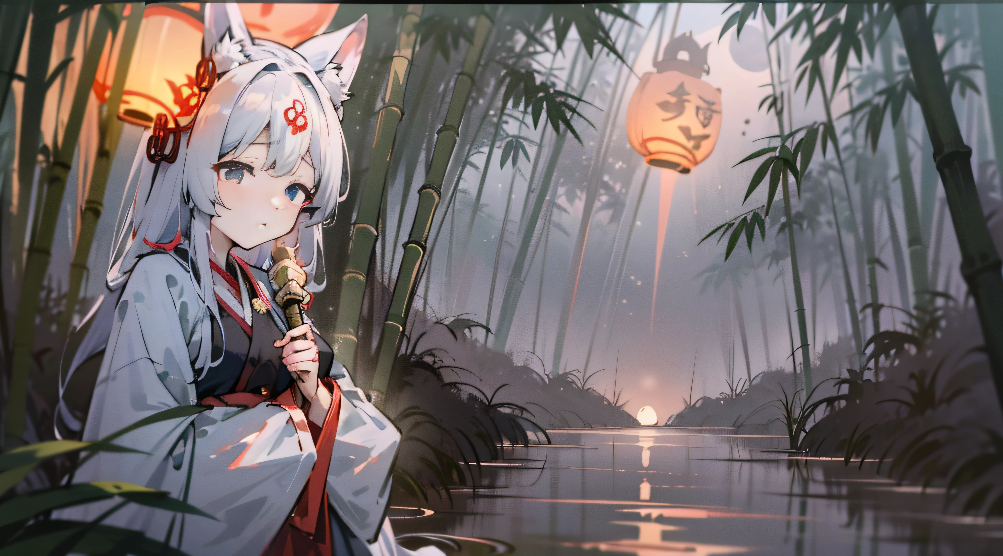 tmasterpiece，top-quality，The white-haired girl walks in the bamboo forest in the mountains，Wearing white Hanfu，Place your hands behind you，Relaxed state，Lori huge breasts cleavage，Clear moonlight，Blurred foreground，Has fox ears，A small mountain stream flows，flatchest，asiagirl，face expressionless，flatchest，flatchest，Pisif，nigth，misterious，perfect  eyes，Background of Kong Ming lantern，The little fox lay on the girl's arm，dress，Cool lighting，There are a thousand lights at night，
