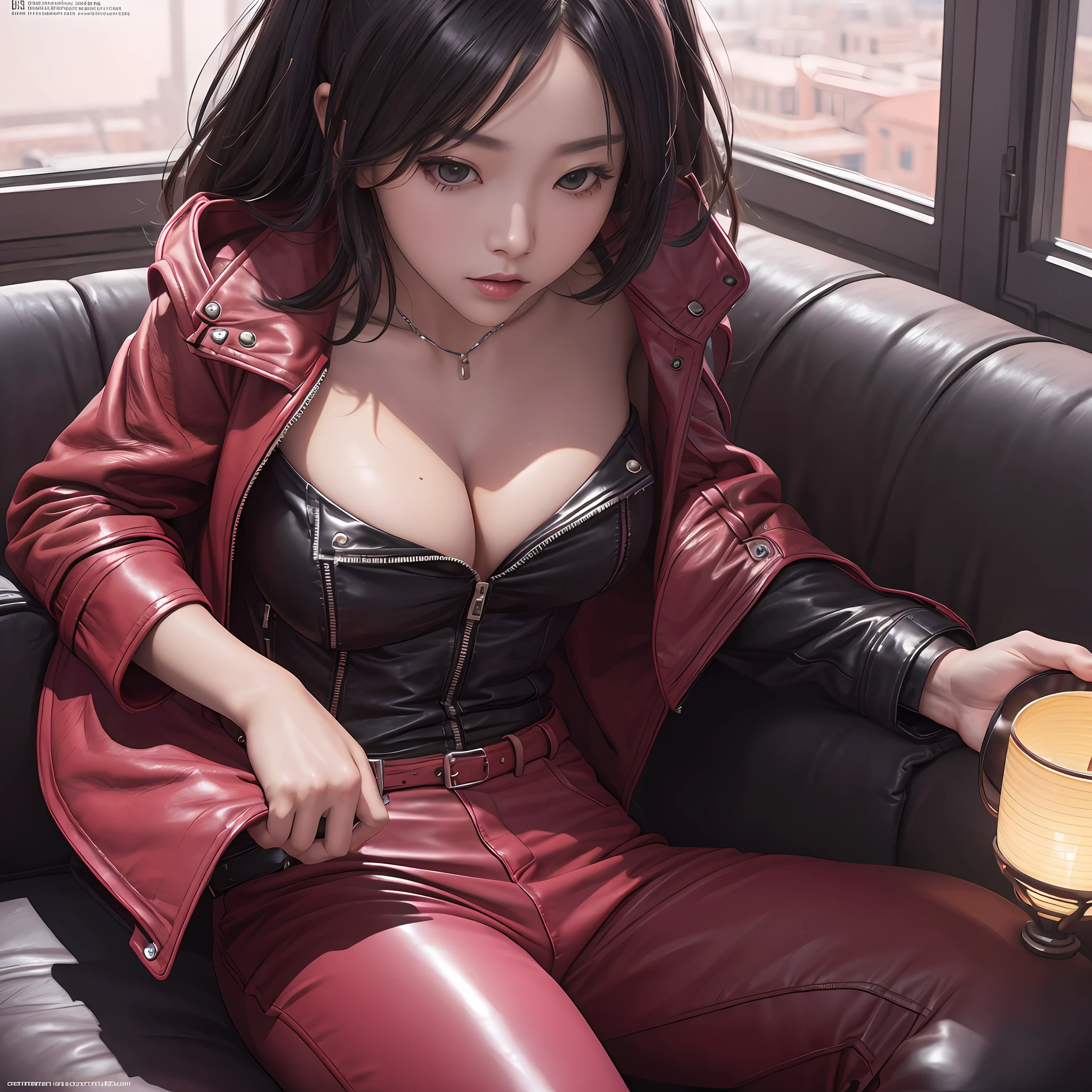 Black hair, Pink leather coat, leather pant, Perfect woman, Asian women, Enchanted, A leather sofa, underdressing, surrealism, Cinematic lighting, A picture, 8K, Super detail, hyper HD, Masterpiece, Anatomically correct, Textured skin, High details, Super detail --auto