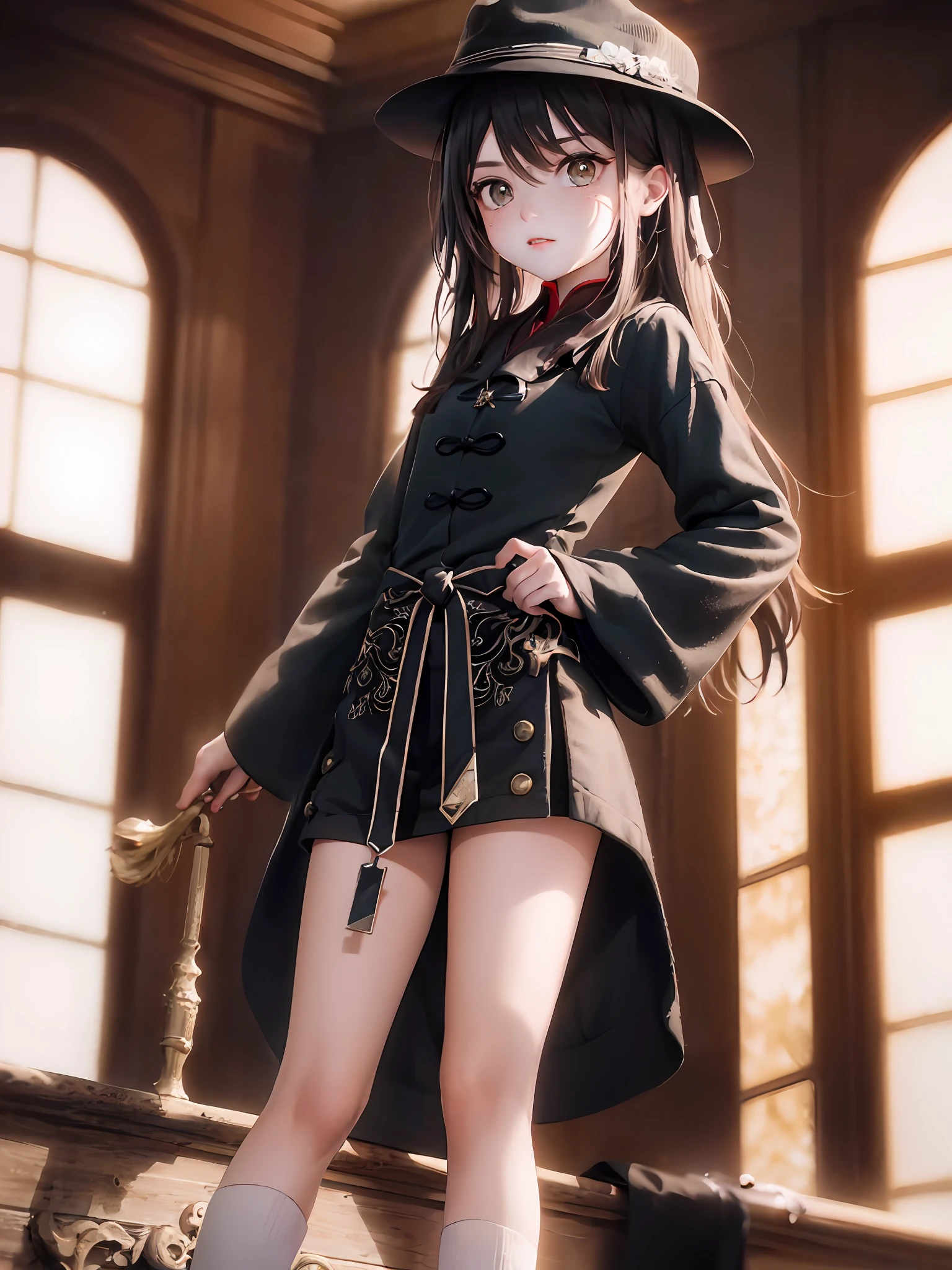 (巨作:1.1), (Best quality:1.1), Cowboy shot,Cinematic light,1girll, Single person,Loli, (full bodyesbian:1.2),Exquisite facial features,perfect hand,wearing hat,standing on your feet,outside,Bright colors