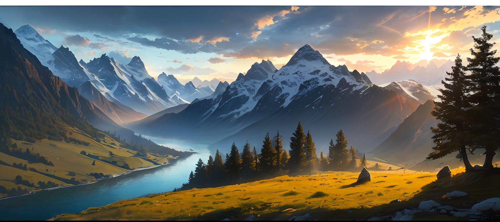 ((masterpiece,best quality,ultra detailed,ultra high res,detailed background)),sunrise,alpine, floe,river,cumulonimbus cloud,woods,sunlight,chiaroscuro,