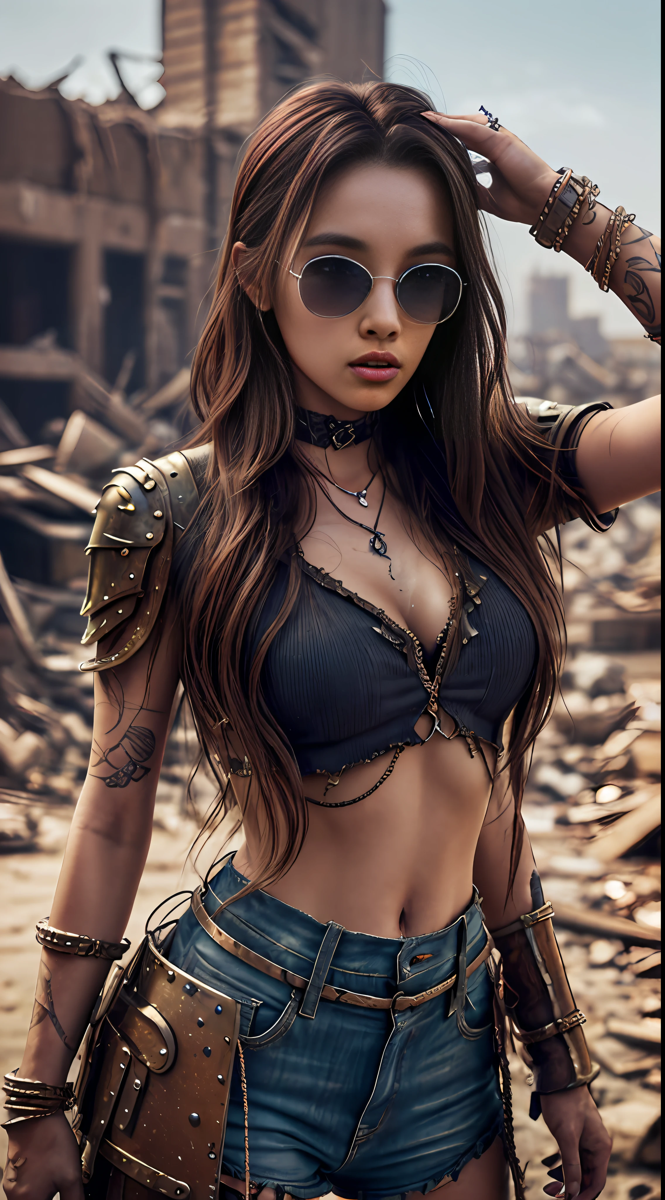 a hyper realistic ultra detailed photograph of a futuristic beautiful barbarian woman wearing sunglasses at a dystopian city, tattered outfit with rusty metal armor plates, long wild hair, tattooed hands and body, fashion pose, detailed symmetric beautiful hazel eyes, detailed gorgeous face, apocalyptic environment, exquisite detail --auto