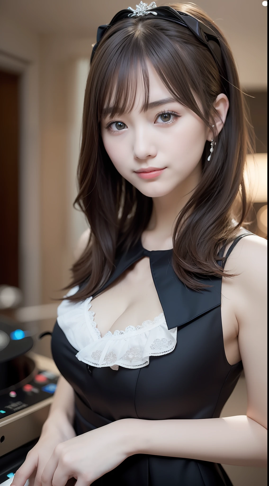 (Realistic, Photorealistic: 1.5), (Masterpiece), (Best Quality: 1.4), (Ultra High Definition: 1.2), (RAW Photo: 1.2), (Sharp Focus: 1.3), (Face Focus: 1.2), Japan Girls, Professional Outfit, (17 years old: 1.1), (Happy Smile: 1.5), (Shaggy Cut Hair: 1.6), ( JP Idol Costumes in White, Black and Pink: 1.4), (Beauty Face: 1.7), (Detailed Beautiful Dress: 1.4), Gothic Maid, (Professional Photos of Japan Girls), Medium-breasted, (Cleavage: 1.3), (Open Chest), (Detailed Silver Hair), (Double Side Up), (Viewers: 1.2), (Music DJ Cover Art: 1.1), ( Music Design Art Stage: 1.4), (Simple Gray Background: 1.6), Gorgeous Gold Lighting, BREAK, (Big), Beautiful Detail Eyes, (Cute),