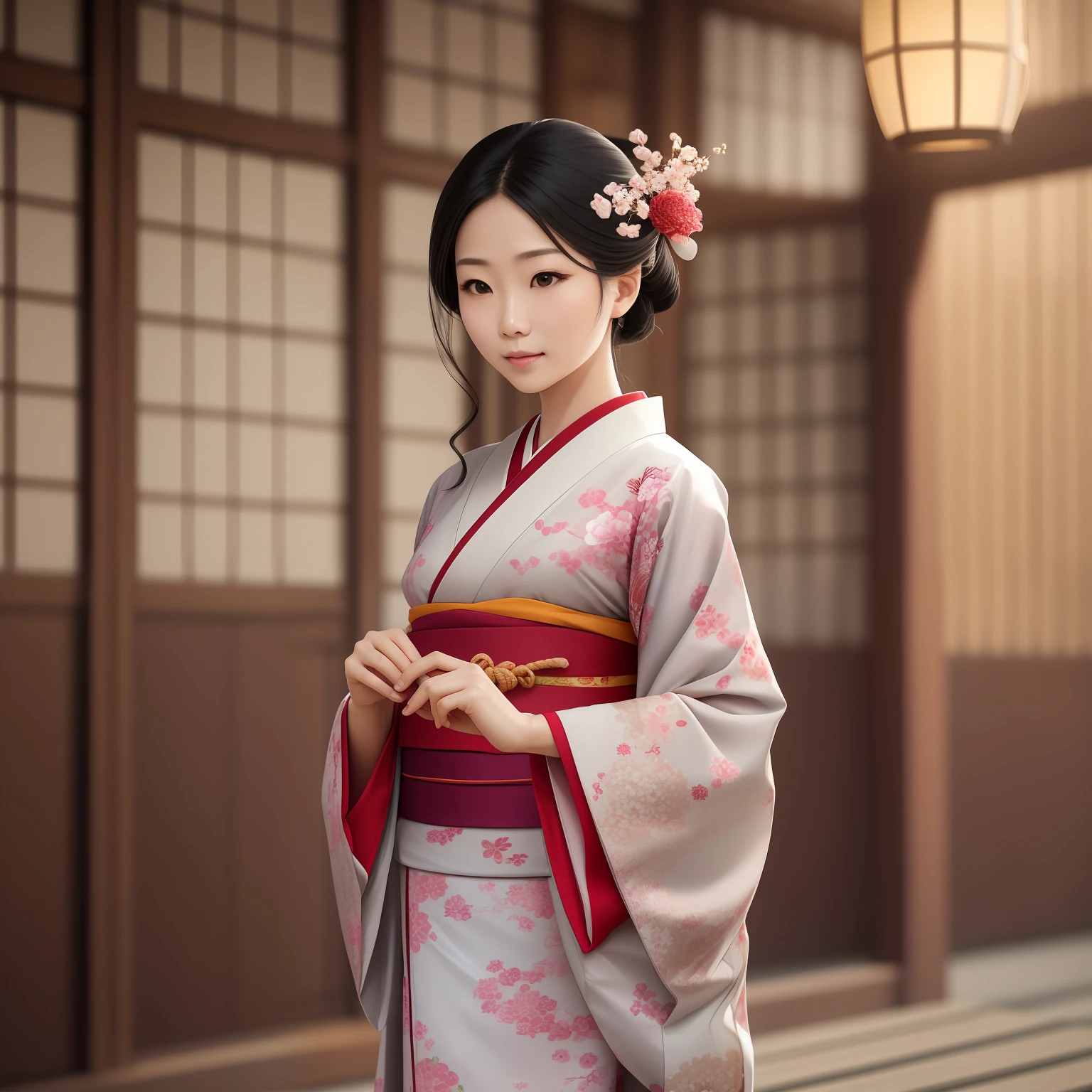 Just like my beautiful mother, my mother's younger sister, who will become my mother-in-law, is dressed in a calm casual kimono. studio ghibli style. Muted tones for the kimono color scheme. Intricate traditional Japanese patterns for the kimono design. The overall mood of the artwork is serene and tranquil. The background setting of the artwork is a serene lakeside surrounded by mountains.Soft, diffused lighting creating a gentle glow. A camera model with high resolution and color accuracy. The composition should focus on the subject, highlighting the kimono and the serene surroundings. A perspective that captures the subject from a slightly elevated angle, emphasizing their elegance. A shallow depth of field to create a dreamy and ethereal atmosphere. A slower shutter speed to capture the softness and movement of the kimono fabric. High photo quality with crisp details and vibrant colors. Utilize techniques such as bokeh and leading lines to enhance the visual impact of the image.