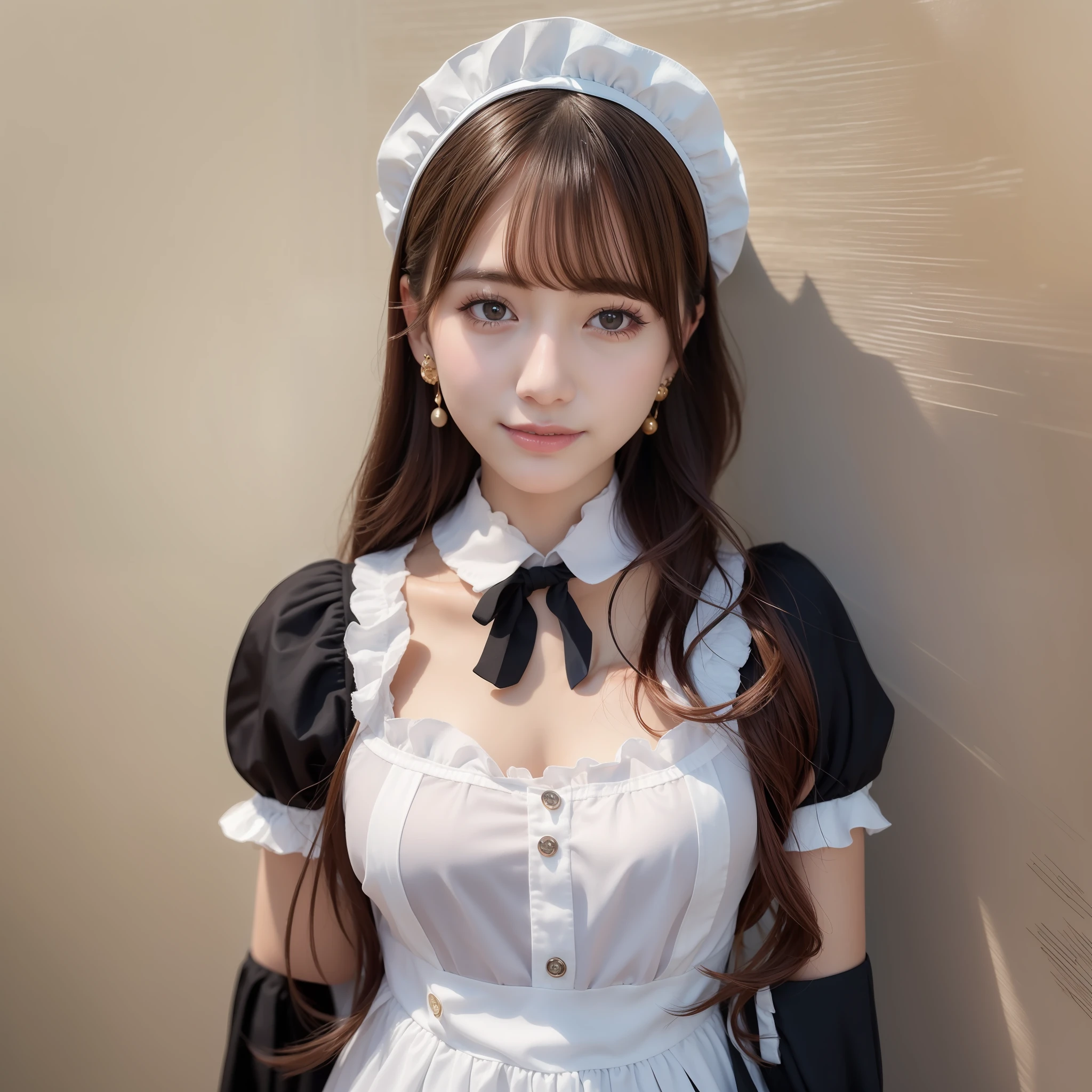 Top Quality, Ultra High Resolution, (Photorealistic: 1.4), Close Up, 1 Girl, (ulzzang-6500:1.0), (Complex Maid Outfit: 1.0), Black Hair, Complex Earrings, Nude, Smile, Upper Body, Accentuate Chest, No Hair Ornaments