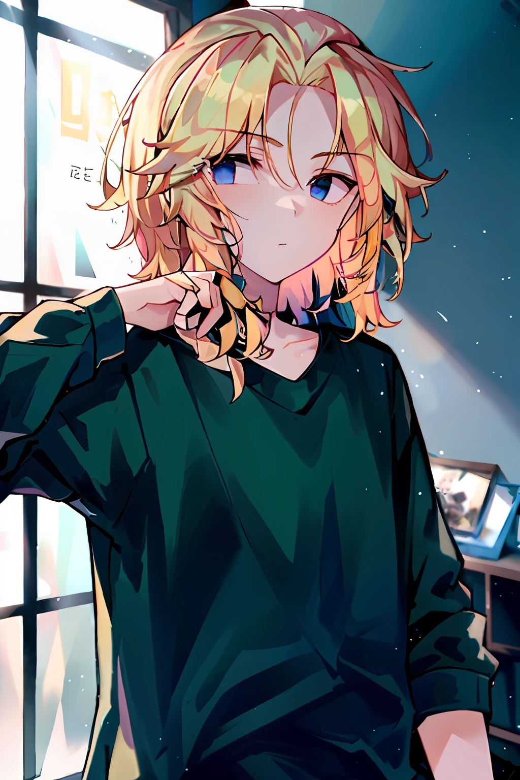 Boy with green eyes and blonde hair。relaxed。