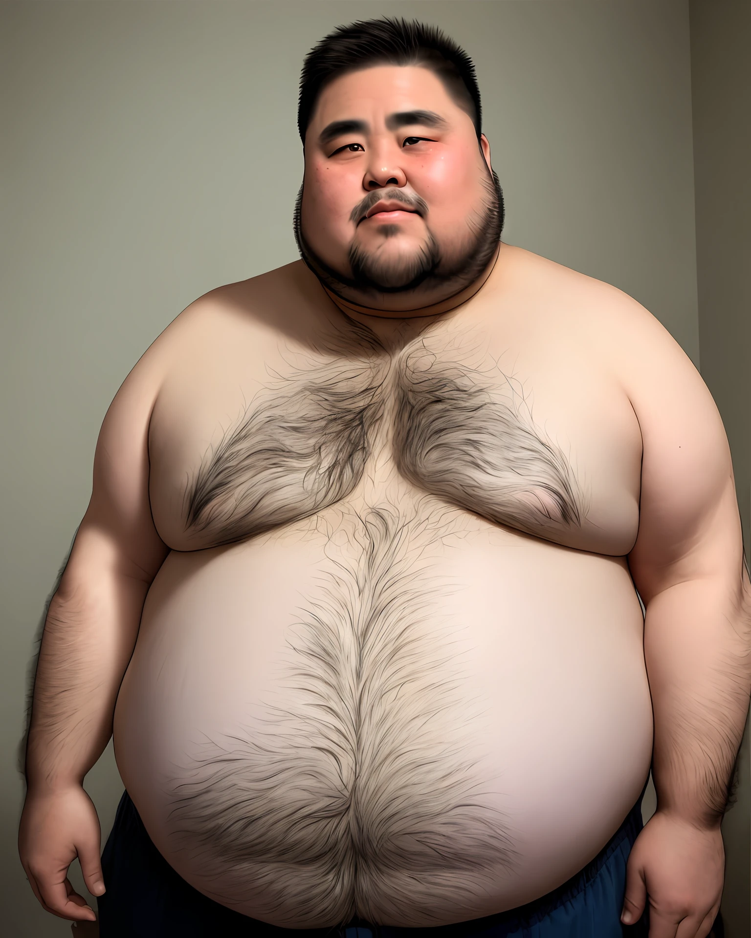Obese , bearded, thick chest hair, elderly Asian